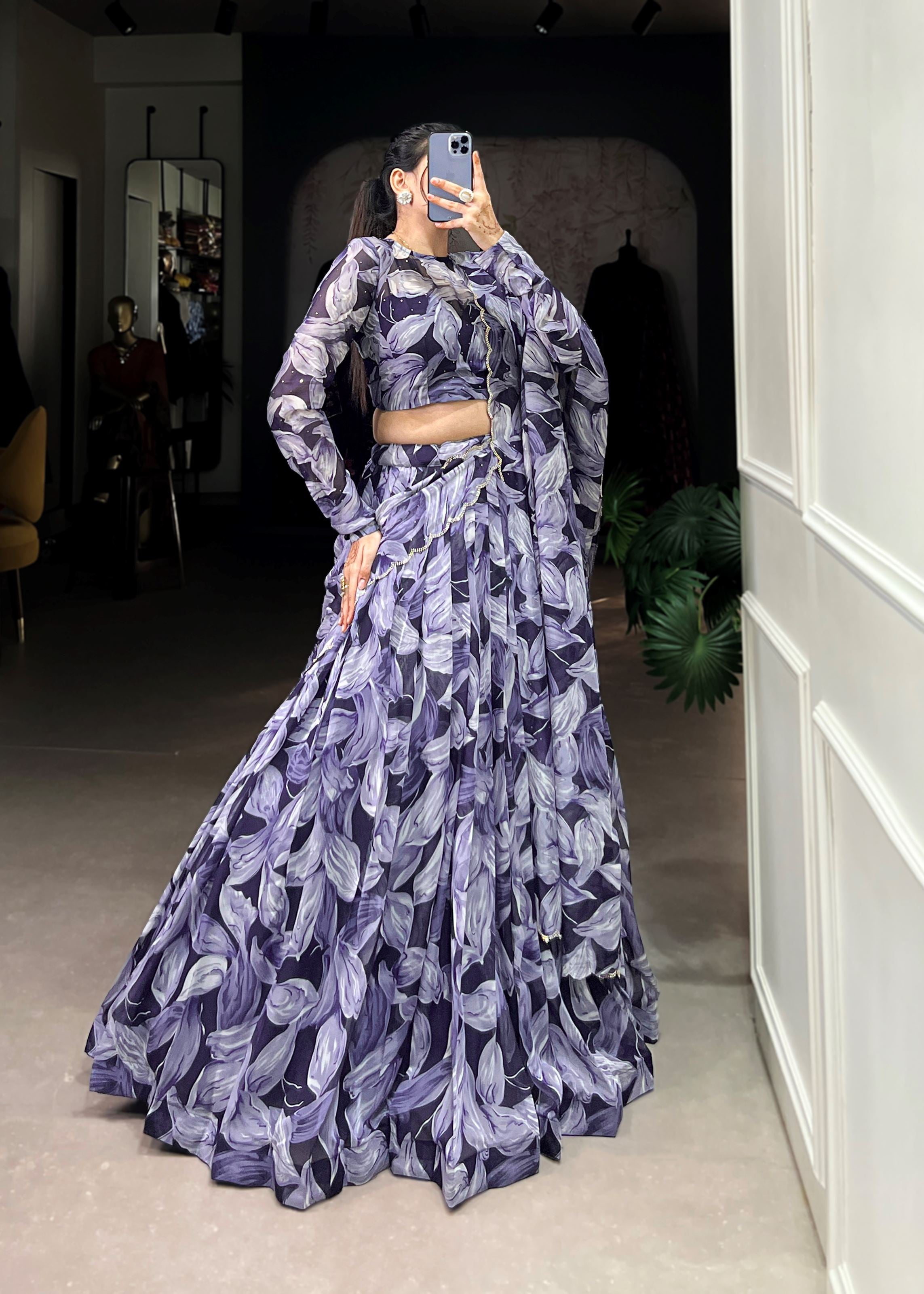 Navy Blue Elegance Printed Tabby Silk Lehenga with Hotfix Work
