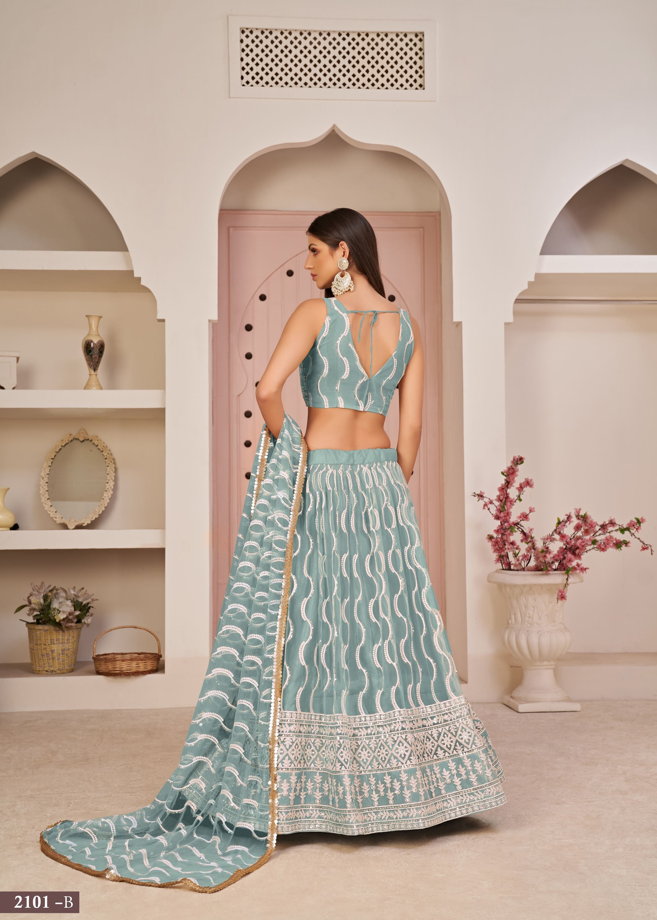 OceanBlue Net Lehenga Choli With Thread Embroidery Work