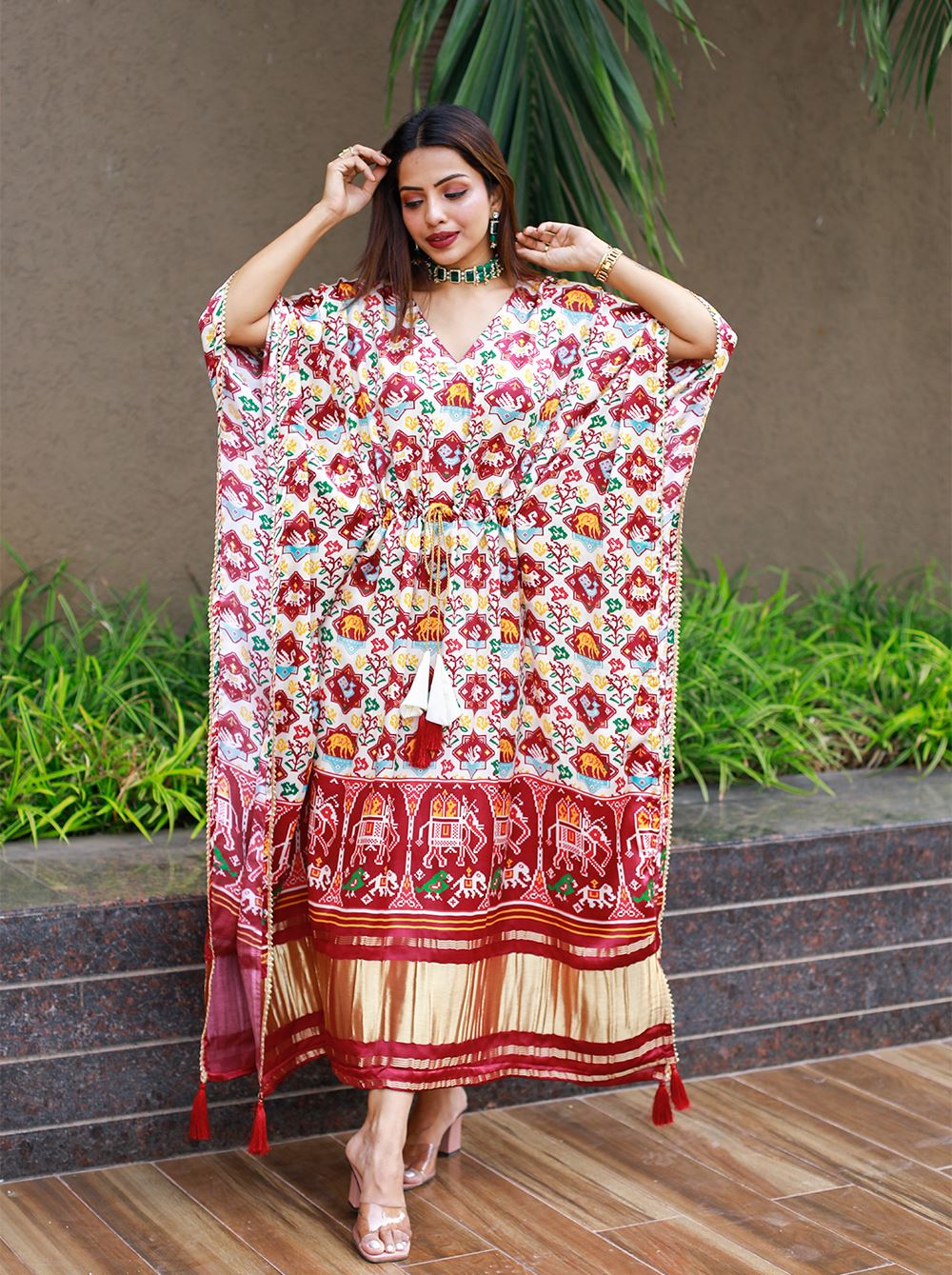 Off White Color Pure Gaji Silk Kaftan with Gotta Patti Tassels