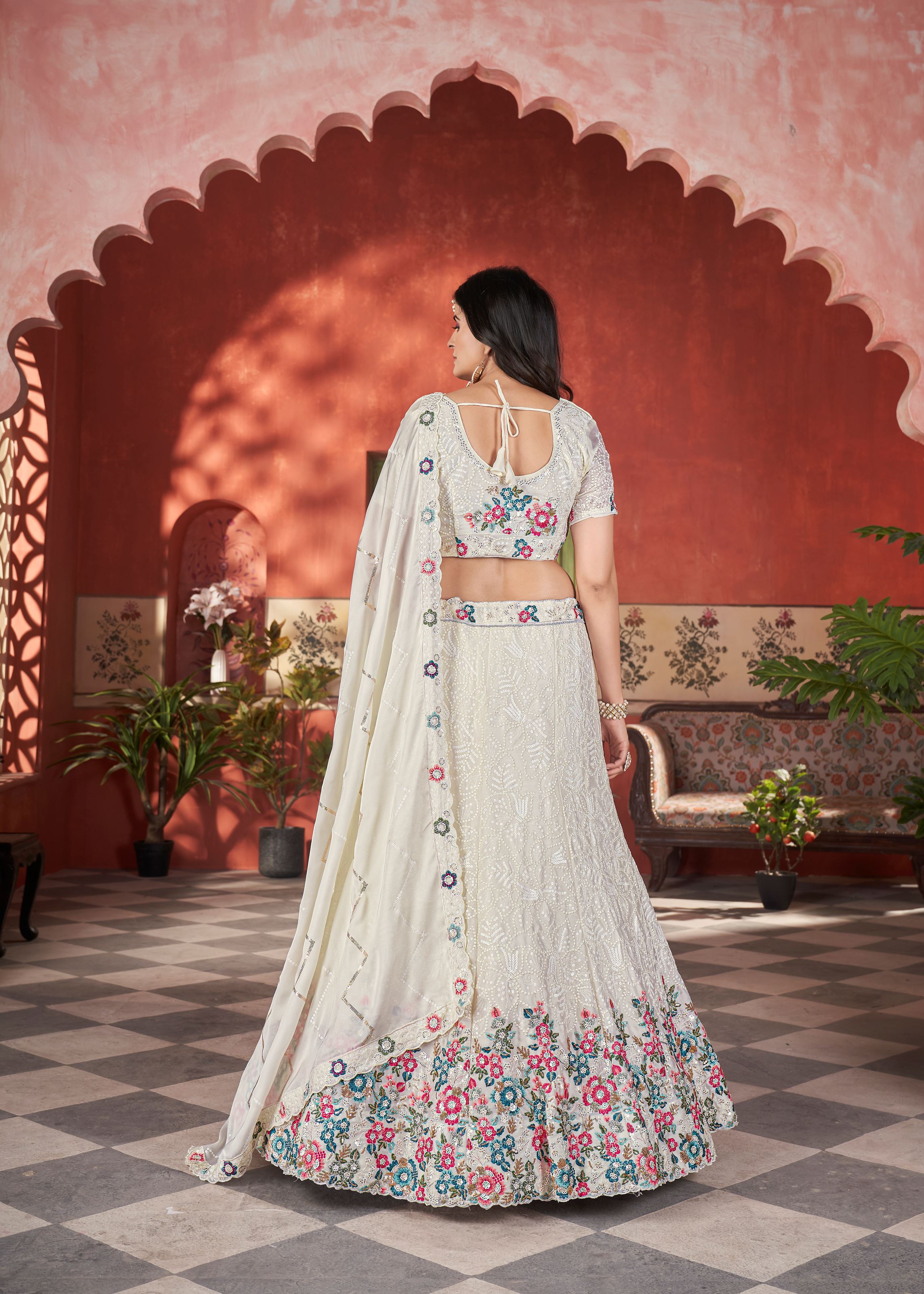 Offwhite Chinnon Lehenga with Multi Thread Copper Sequin Work