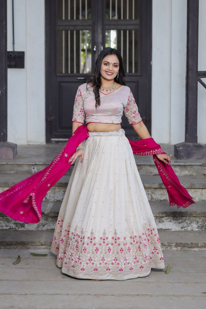 Off-White Lehenga Choli with Sequins and Thread Embroidery Work