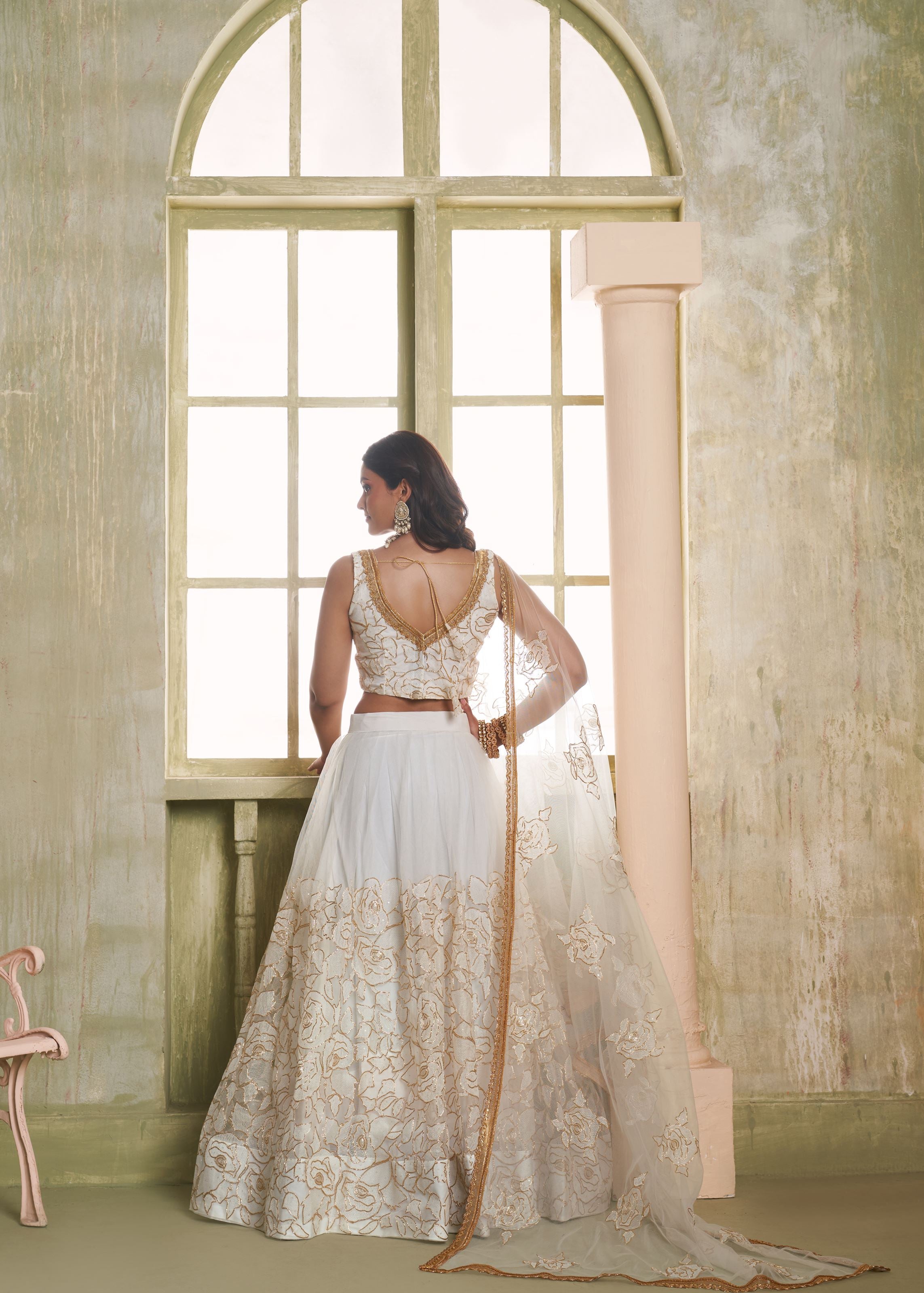 Offwhite Net Lehenga with Zari and Tone-to Tone Sequins
