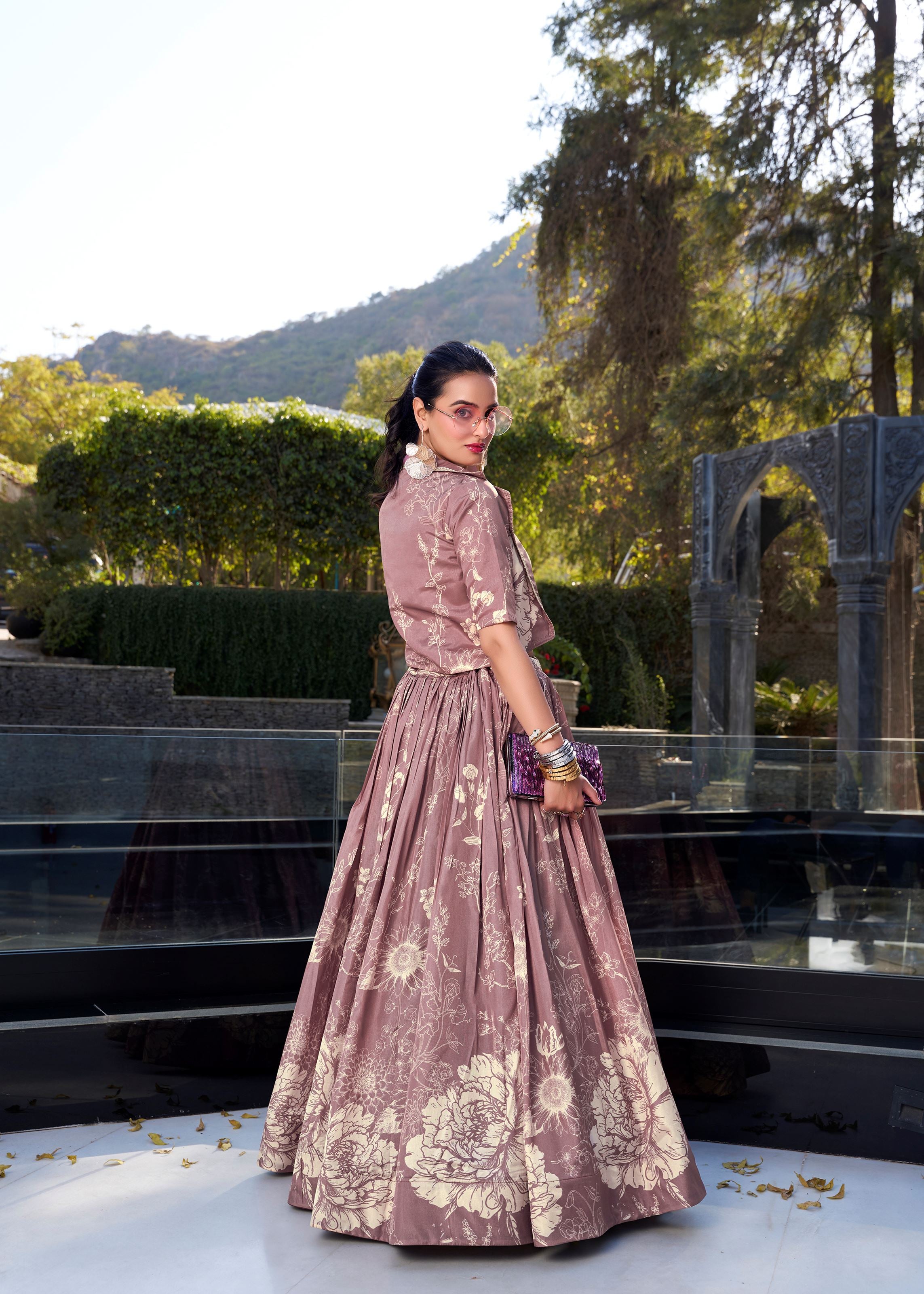 Onion Grace in Bloom Tussar Silk Floral Print Lehenga