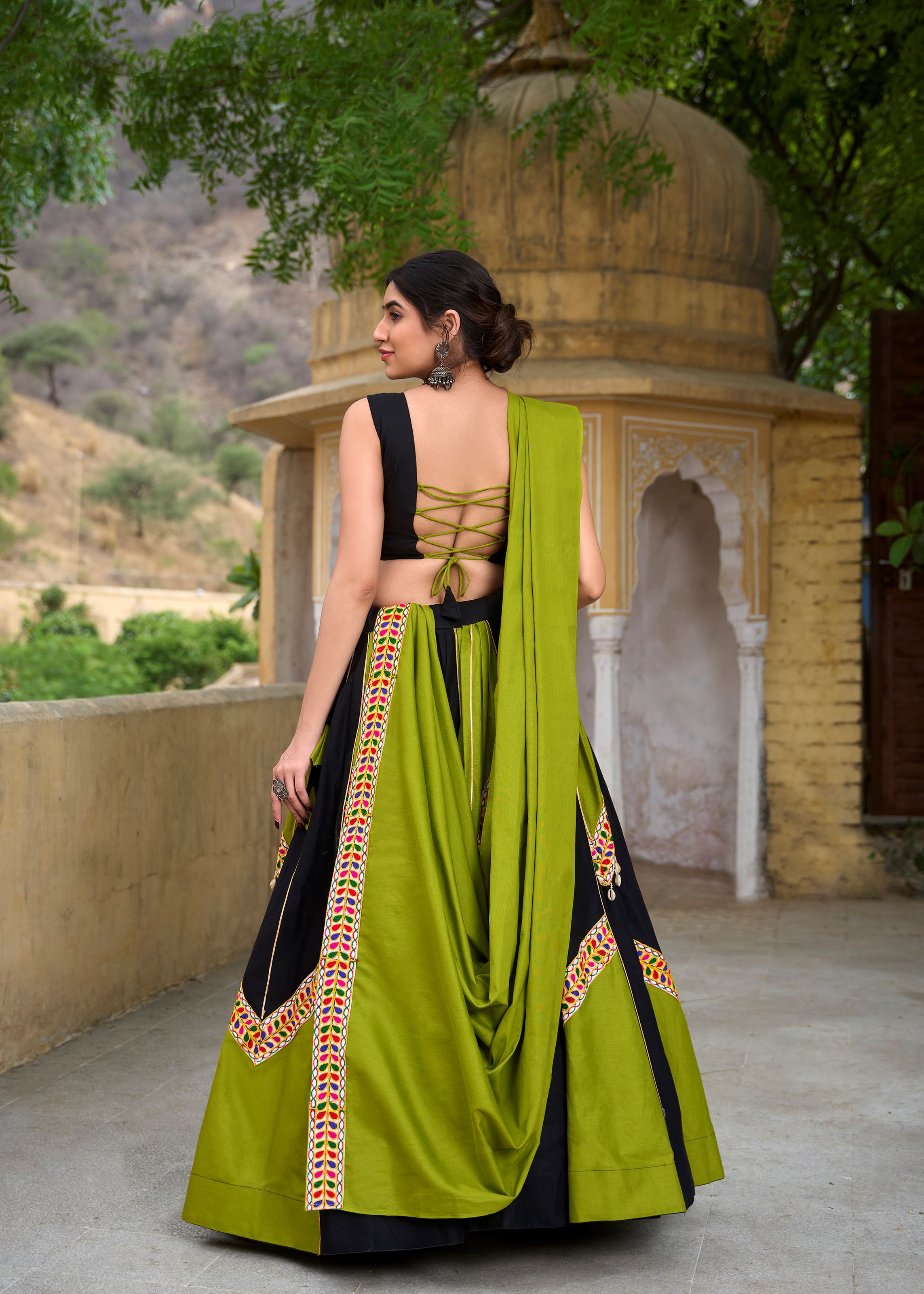 Parrot-Black Gamthi Work Lehenga Choli with Gota Patti Kodi Lace