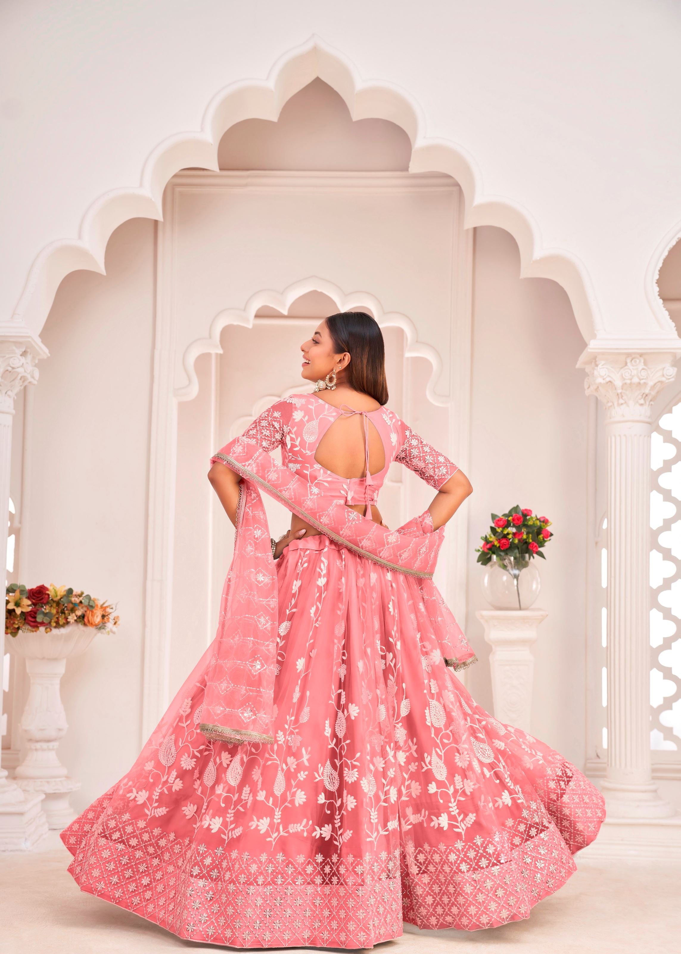 Peach Butterfly Net Lehenga Choli With Thread Embroidery Work