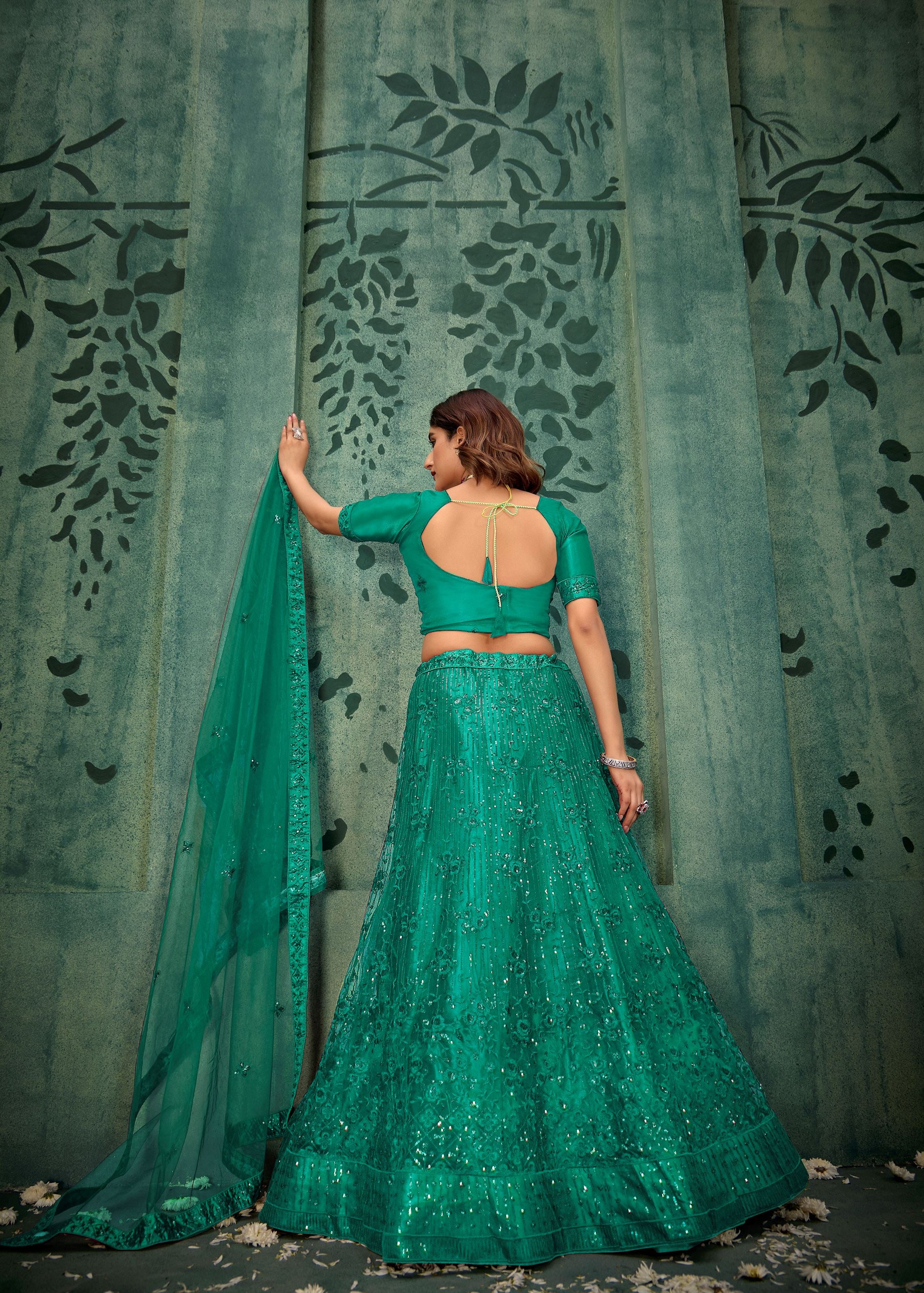 Persian Green Net Lehenga with Graceful Sequin Work