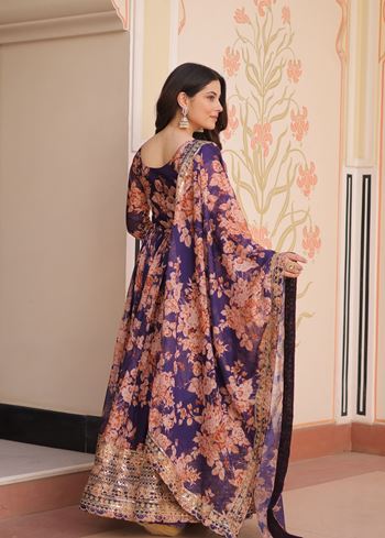 Purple Anarkali With Heavy Digital Print With Embroidered Sequins Work