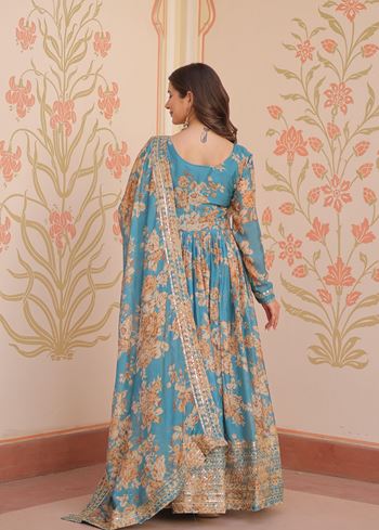 Rama Anarkali With Heavy Digital Print With Embroidered Sequins Work