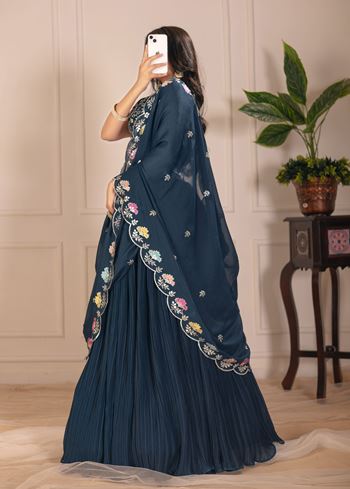 Rama Lehenga Choli With Embroidery With Multi Thread Sequence Work