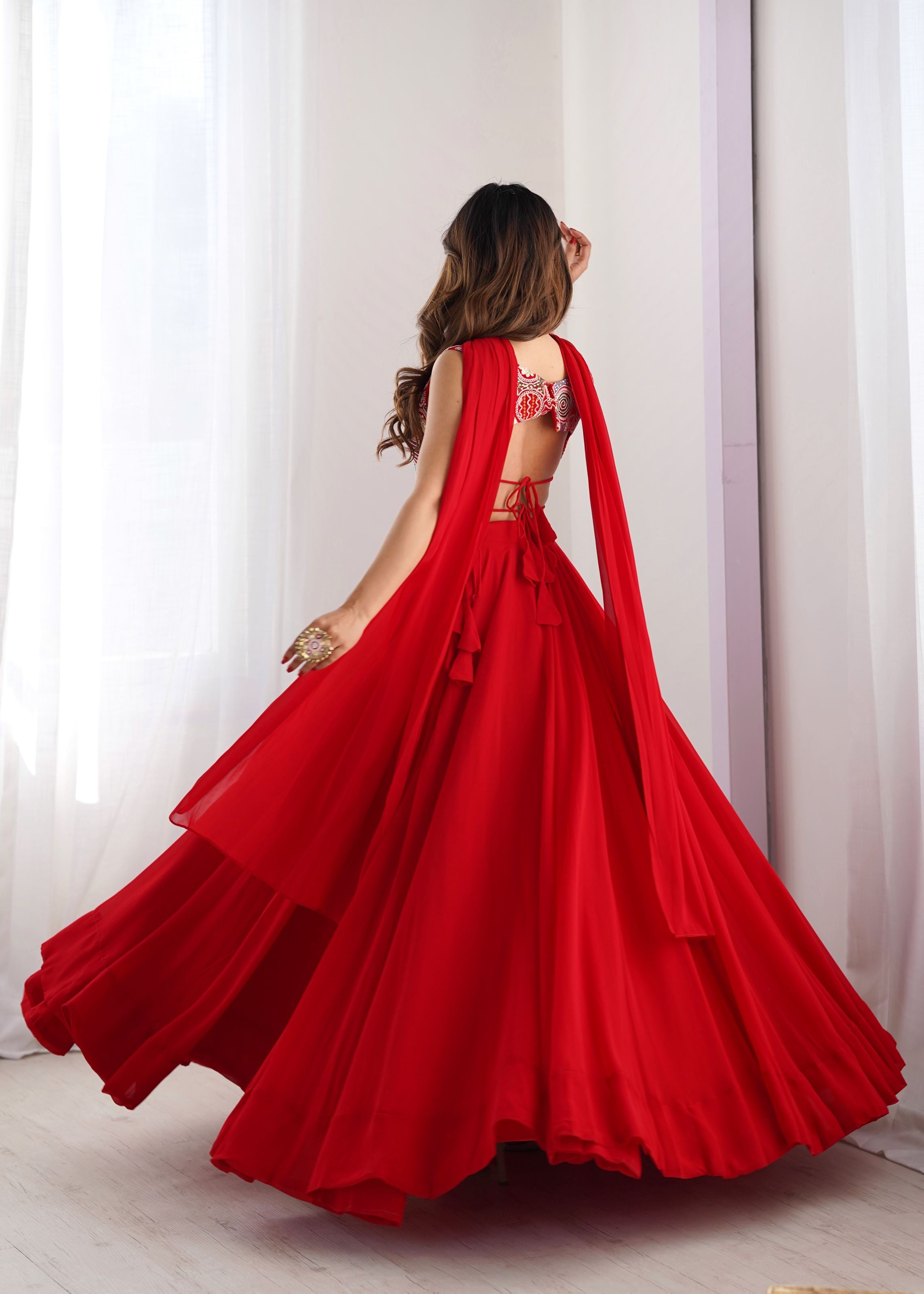 Red Georgette Lehenga with 9 Needle Embroidery Dori Jari Work