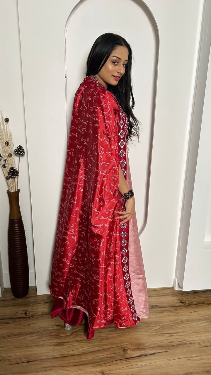 Red Lehenga Choli With Digital Print & Paper Mirror Border Work