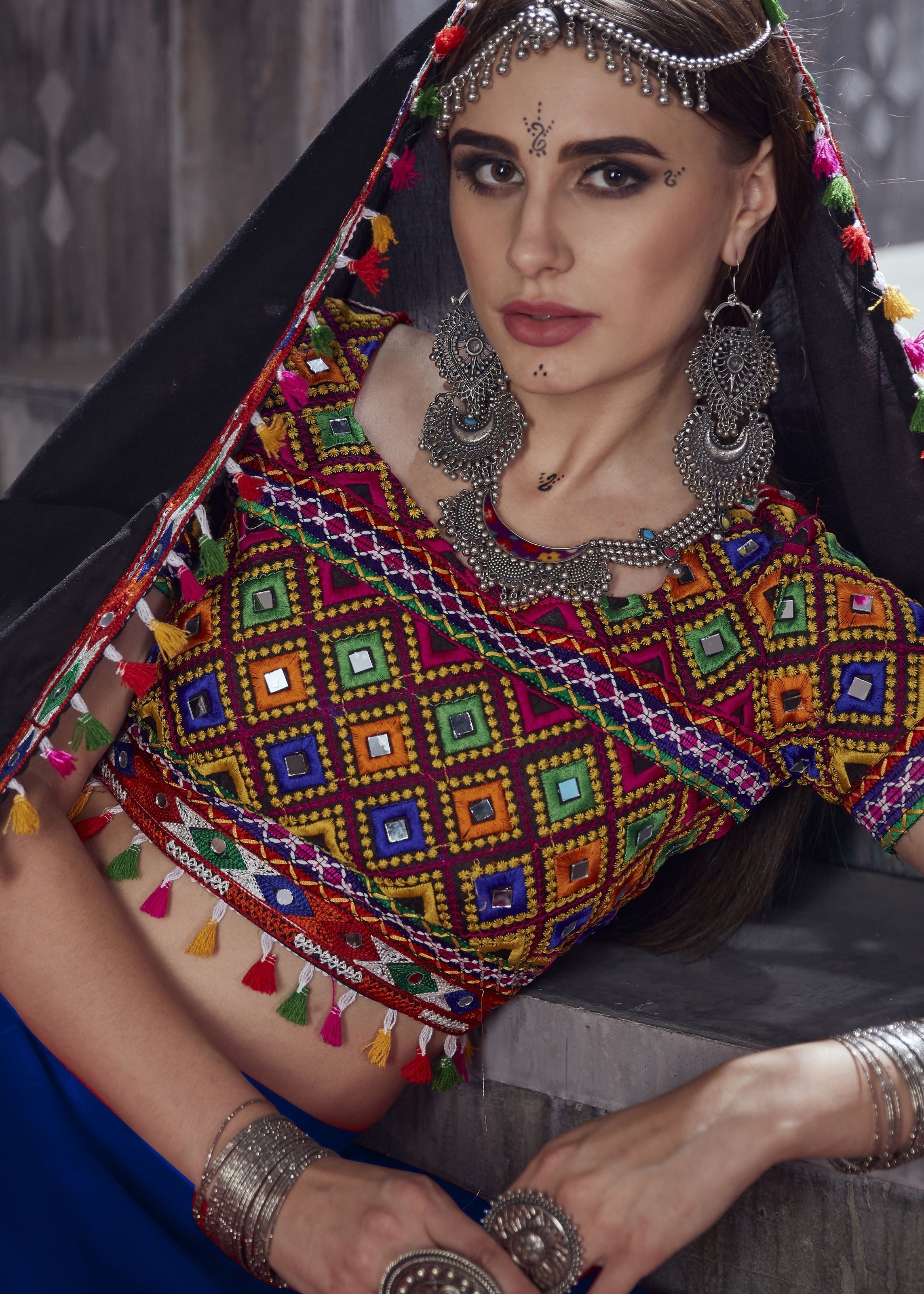 Royal Blue And Black Navratri Chaniya Choli With Gamthi Lace Work With Mirror Work