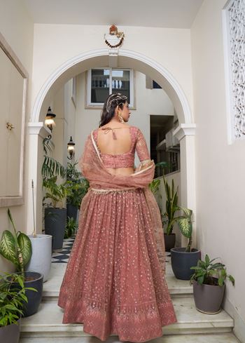 Rust Net Lehenga Choli With Thread Embroidery Work