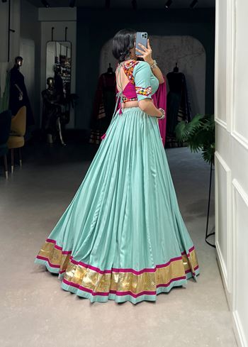 Sea Green Embossed Rayon Lehenga Choli with Lace Touch-Up