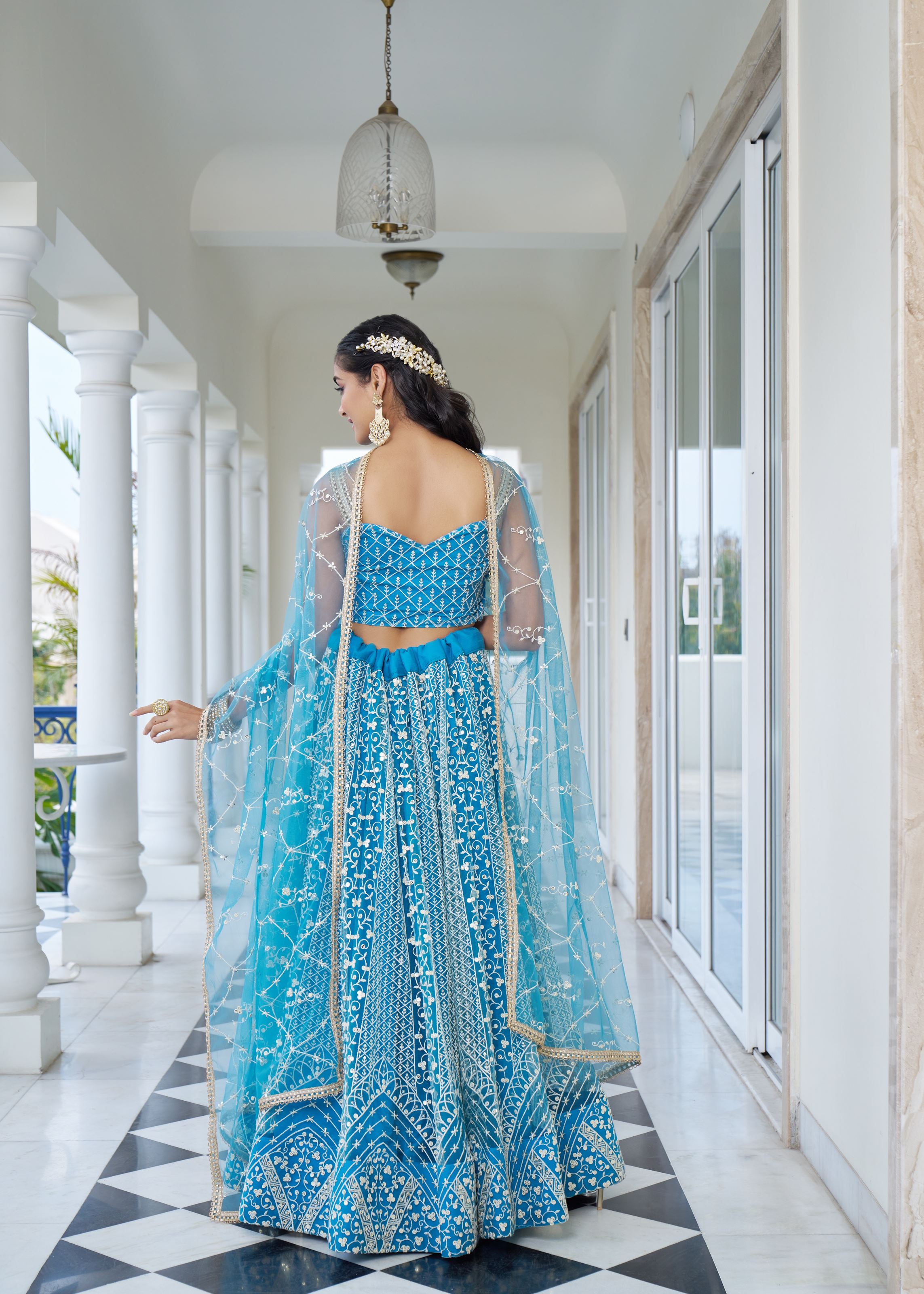 Sky Blue Net Lehenga Choli With Thread Embroidery Work