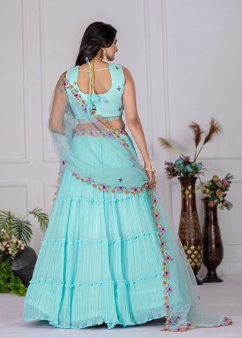 Sky Lehenga Choli With Embroidery With Multi Thread Sequence Work