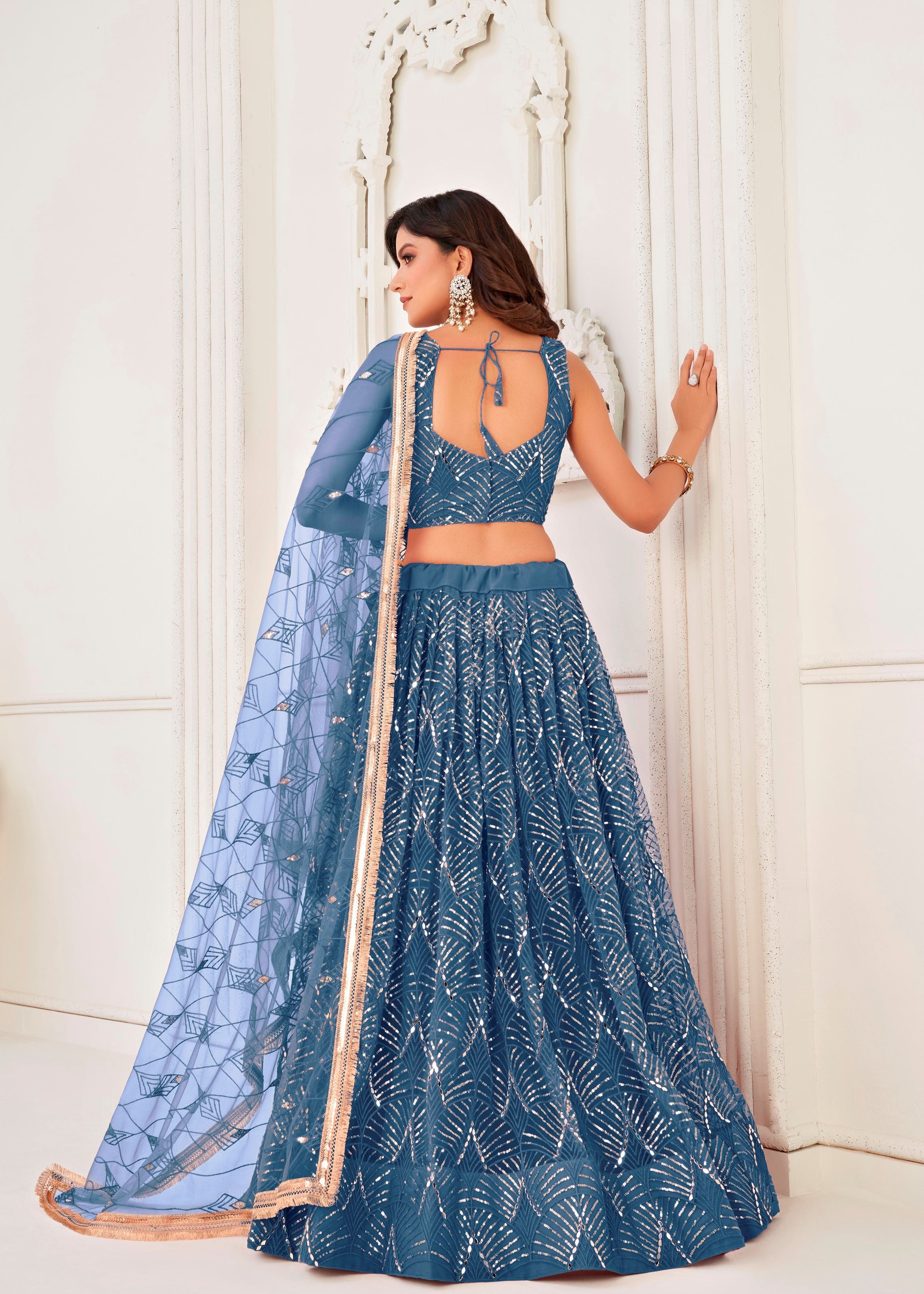 Turquoise Net Lehenga Choli With Thread Embroidery Real Mirror Work