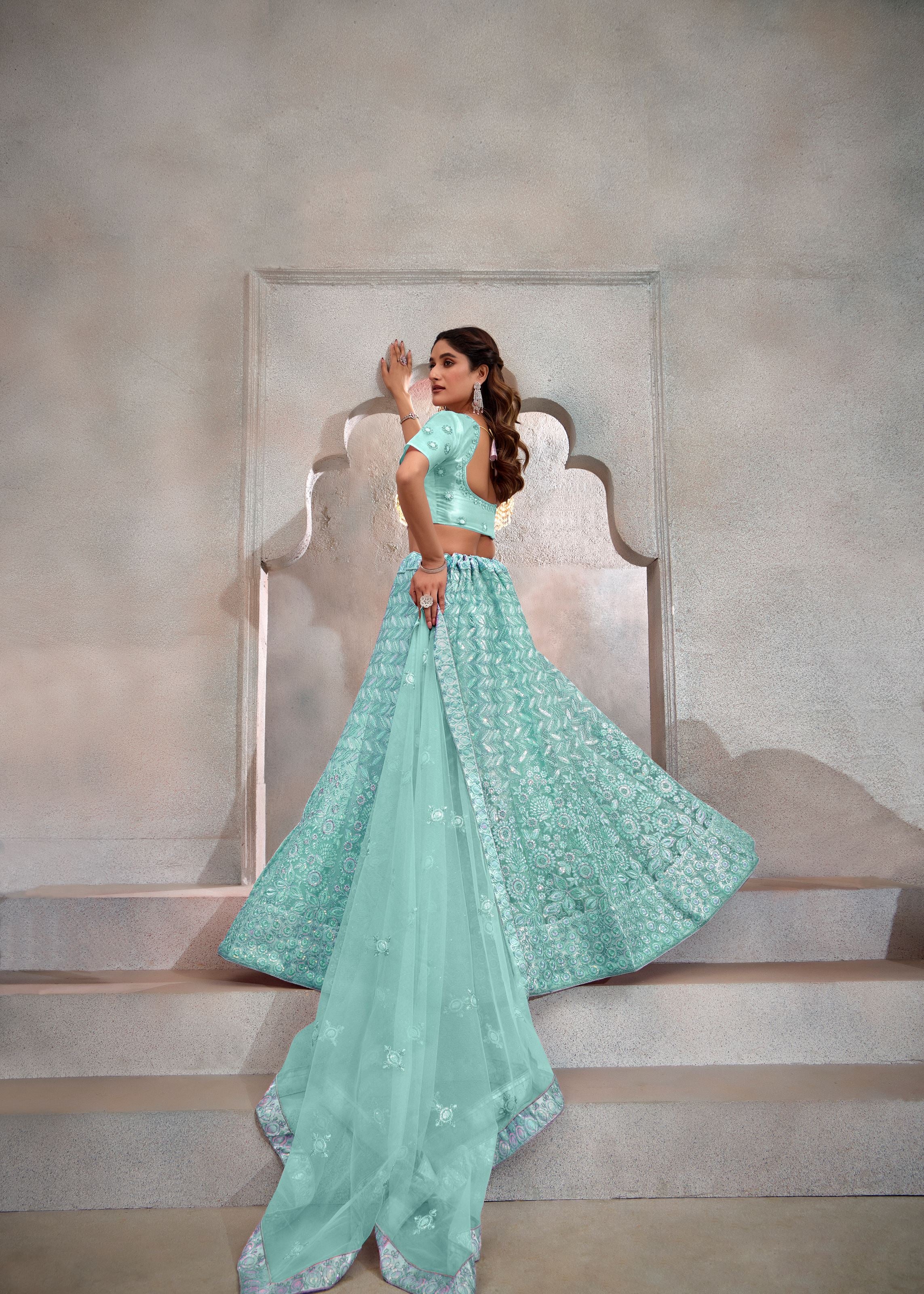 Turquoise Net Lehenga with Modern Sequin Embroidery