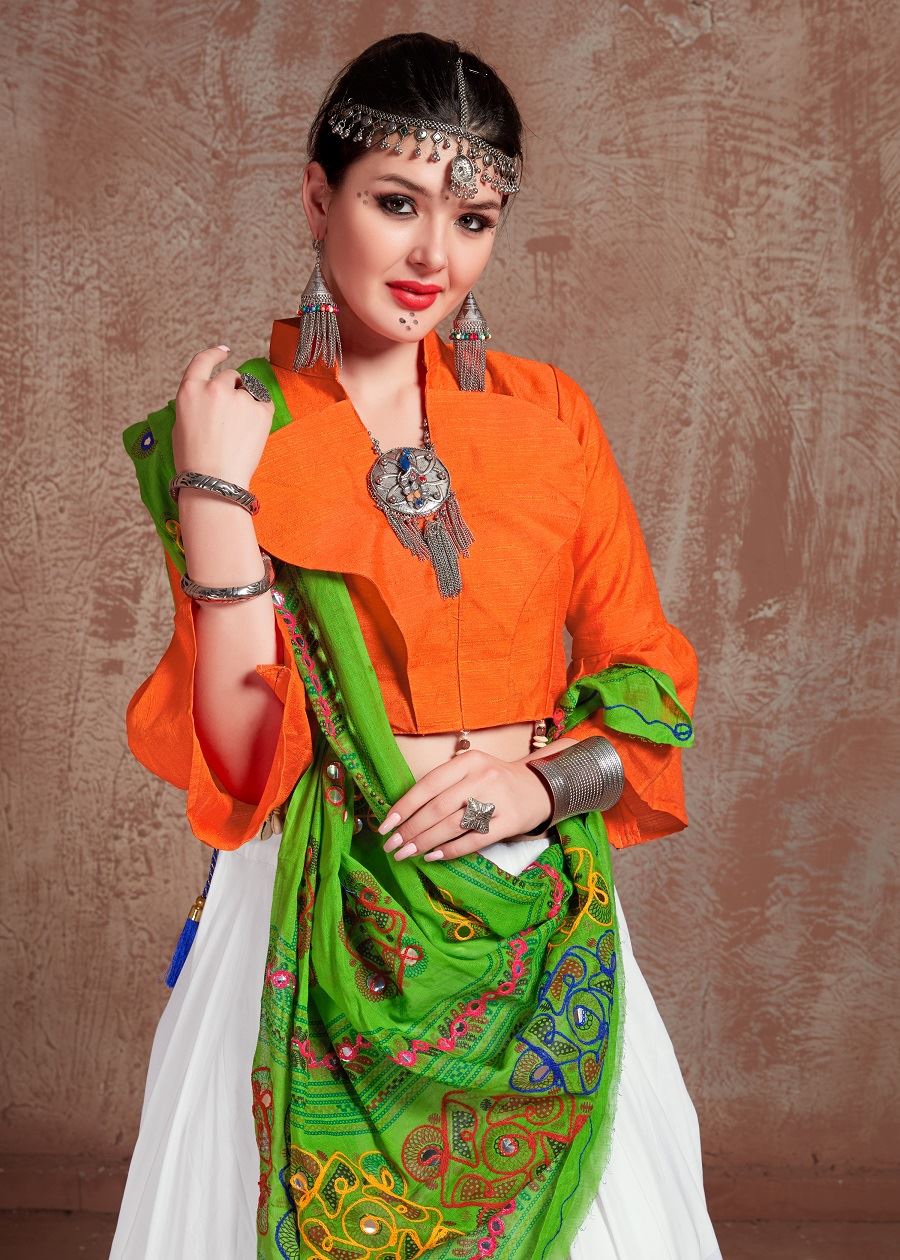 White And Orange Navratri Chaniya Choli With Gamthi Work Butta And Tassels Lace