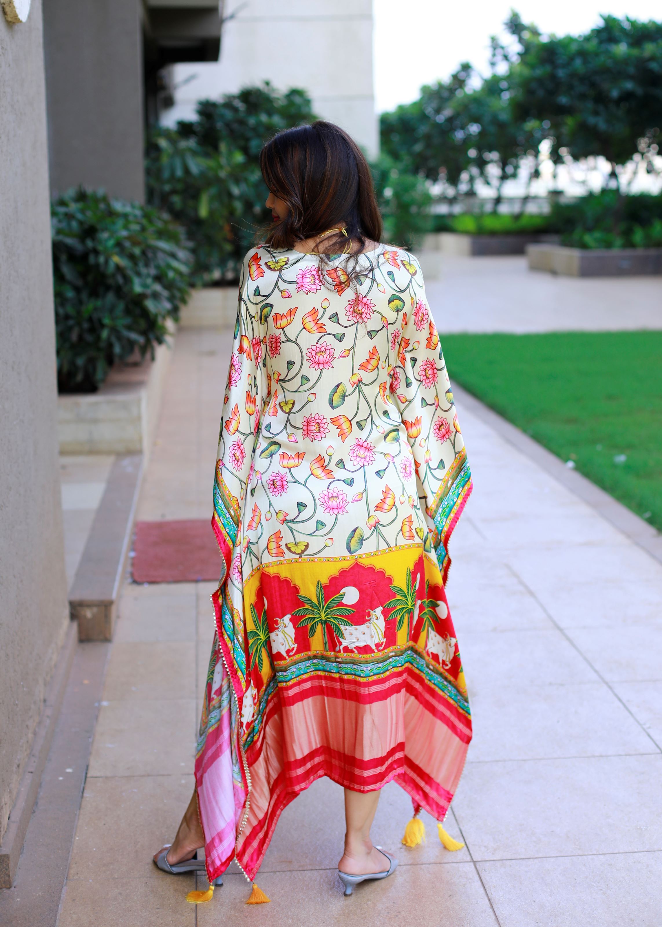 White Color Pure Gaji Silk Kaftan with Gotta Patti Tassels