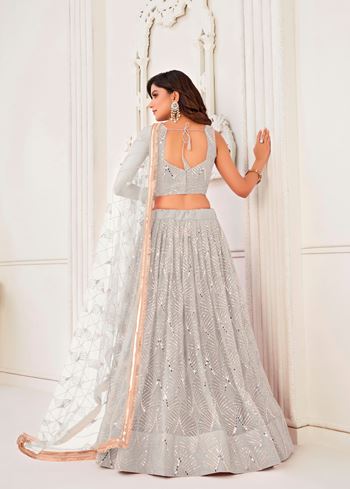 White Net Lehenga Choli With Thread Embroidery Real Mirror Work