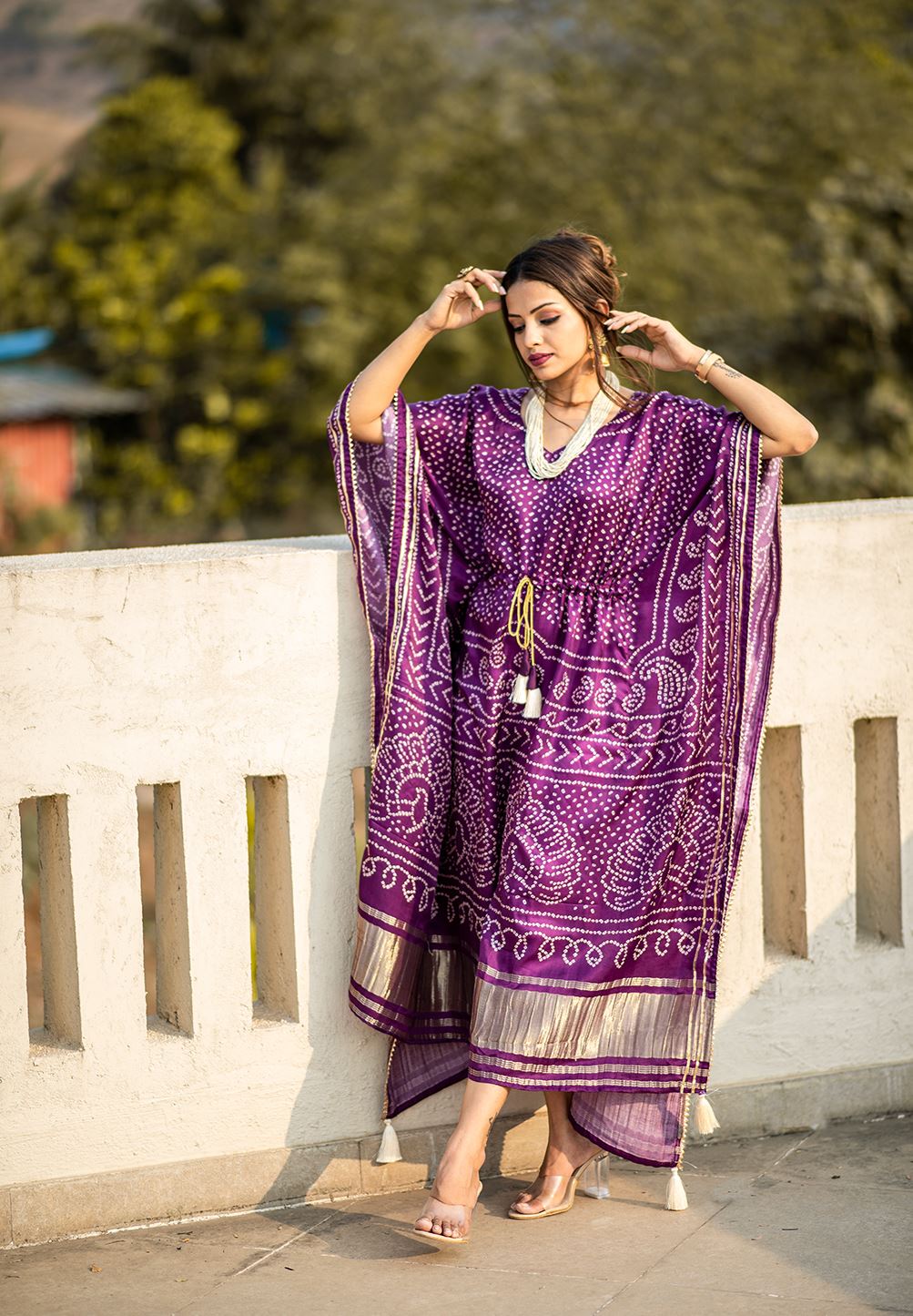 Wine Color Pure Gaji Silk Kaftan with Gotta Patti Tassels