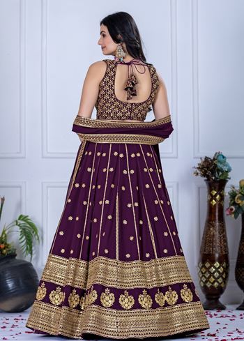 Wine Lehenga Choli With Embroidery With Thread Sequence Work