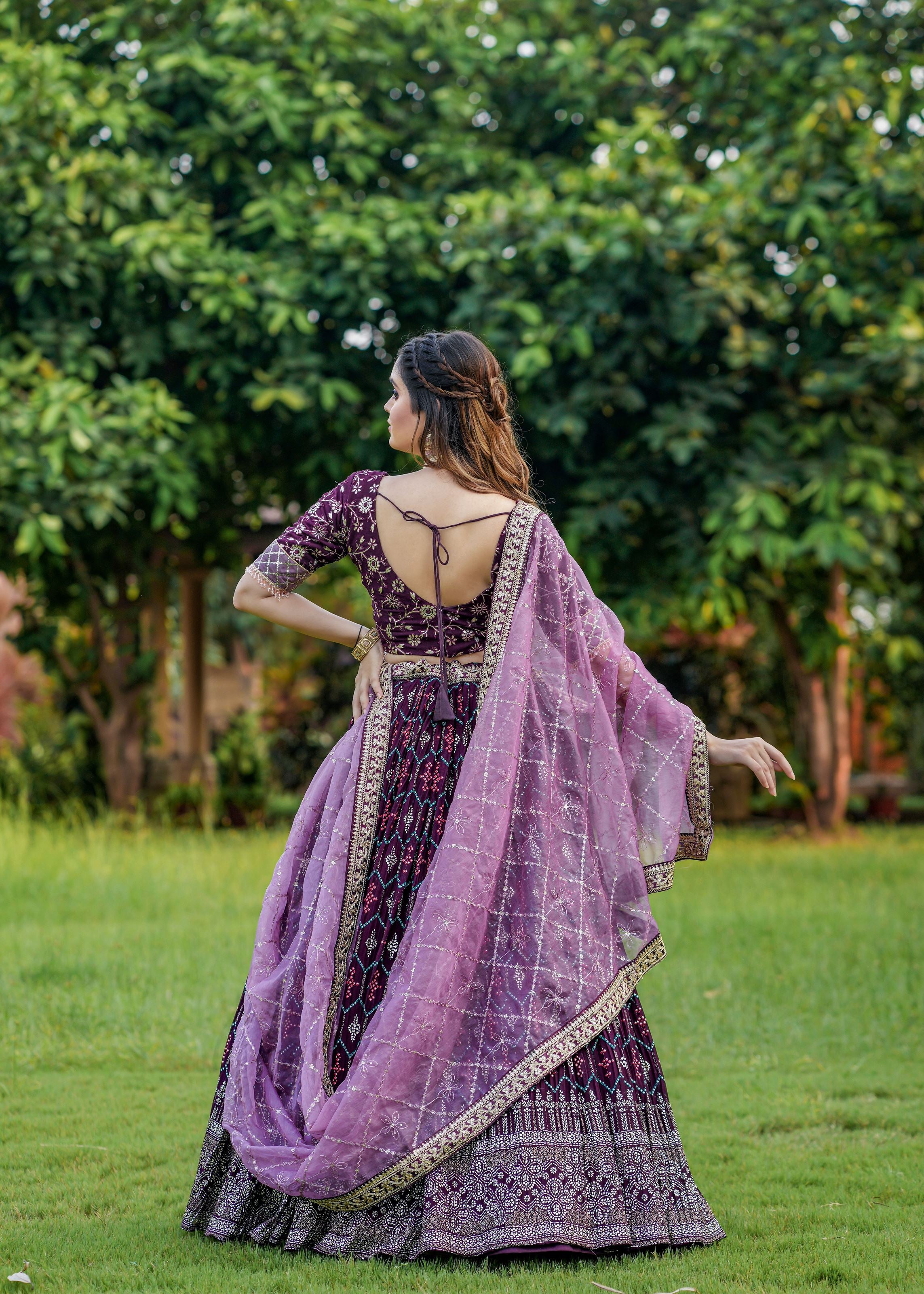 Wine Lehenga Choli With Heavy Foil Print Embroidery Work Belt