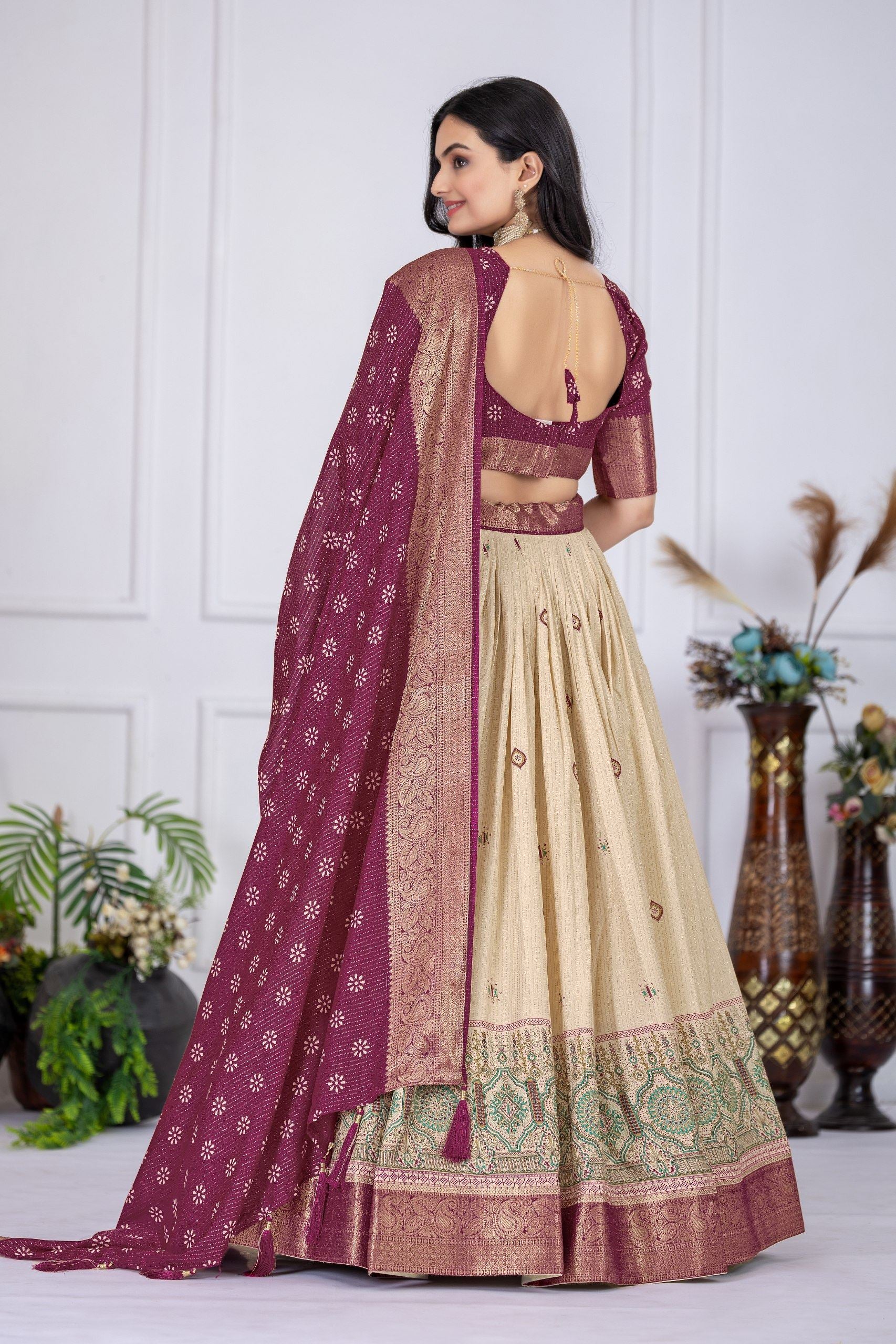 Wine Lehenga Choli With Jacquard With Jari Lining With Print