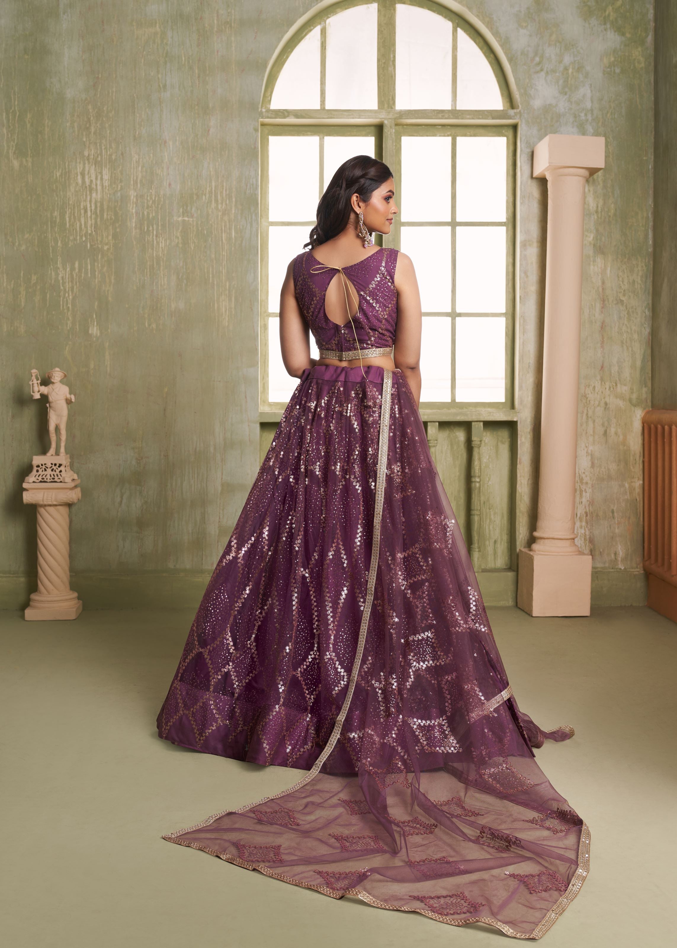 Wine Net Lehenga with Tone-to-Tone Zari Sequence Embroidery