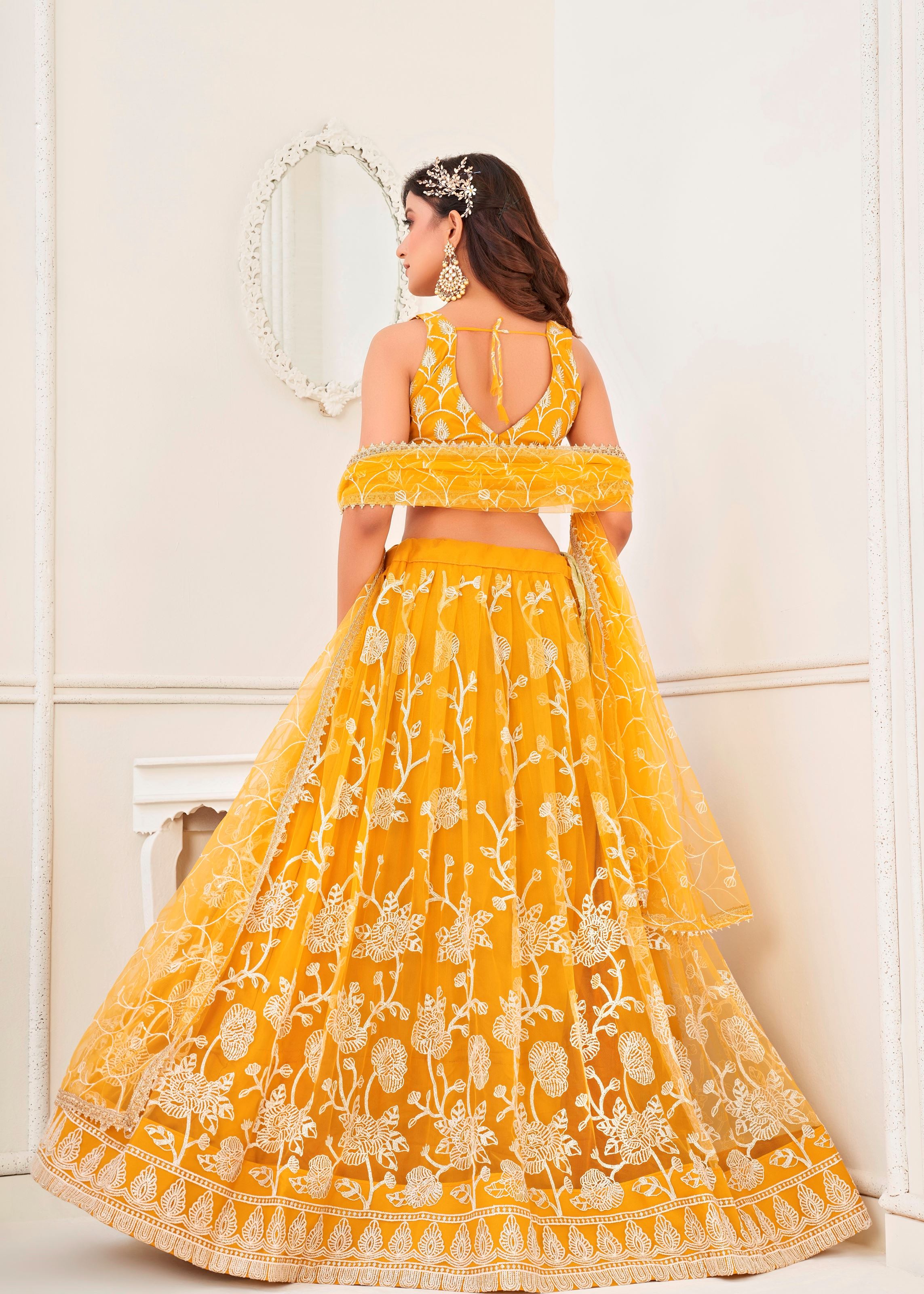 Yellow Butterfly Net Lehenga Choli With Embroidery And Sequins Work