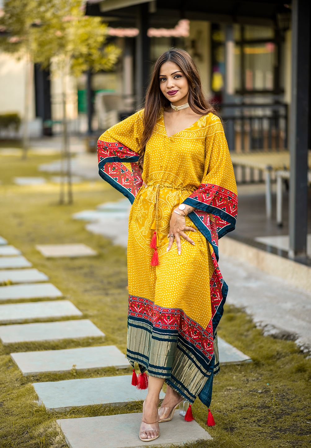 Yellow Color Pure Gaji Silk Kaftan with Gotta Patti Tassels