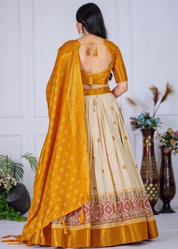 Yellow Lehenga Choli with Jacquard Jari Lining and Printed Detailing