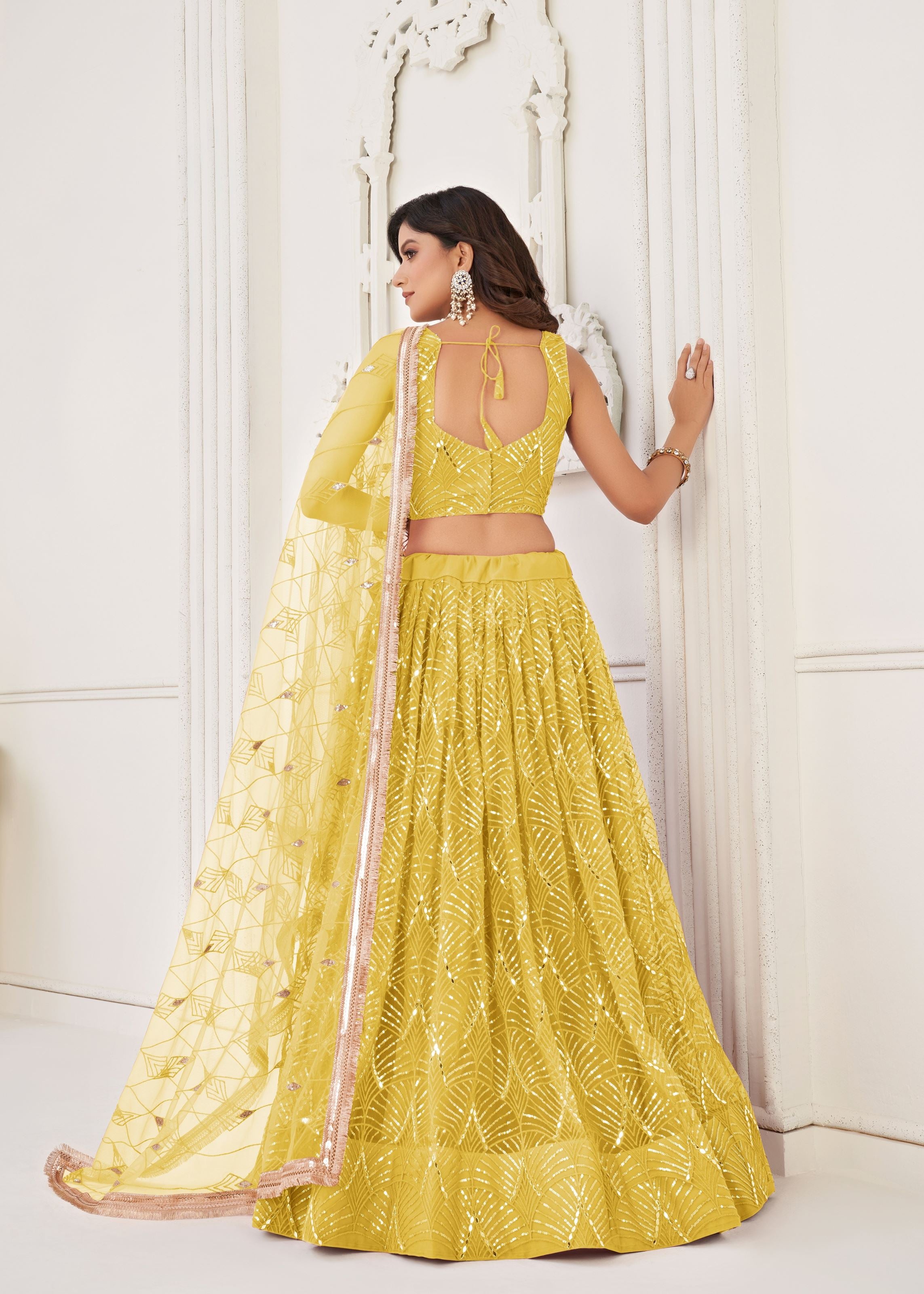 Yellow Net Lehenga Choli With Thread Embroidery Real Mirror Work