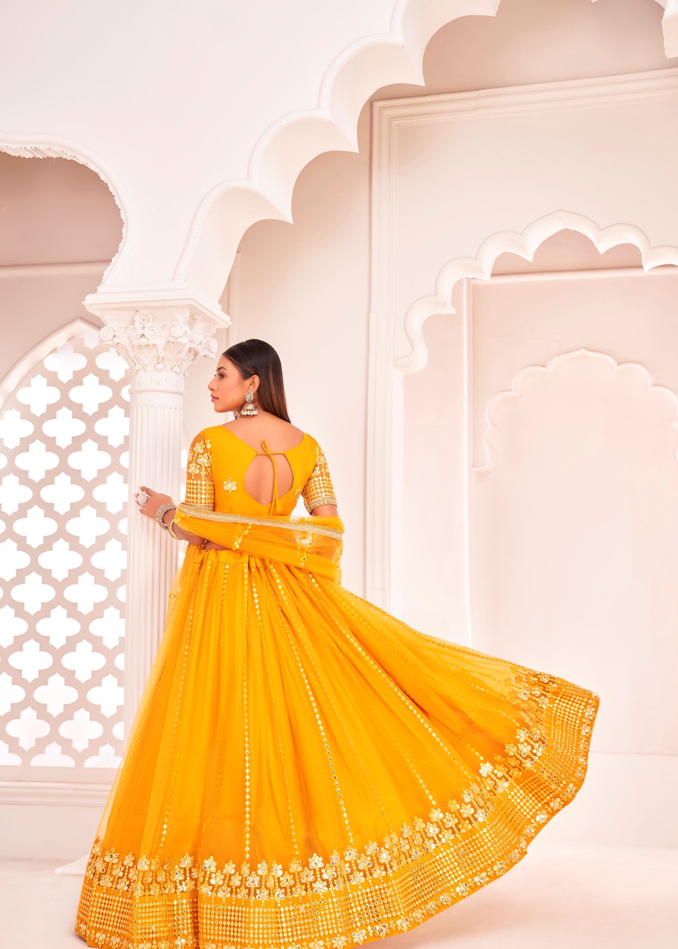 Yellow Net Lehenga Choli With Thread Embroidery Work