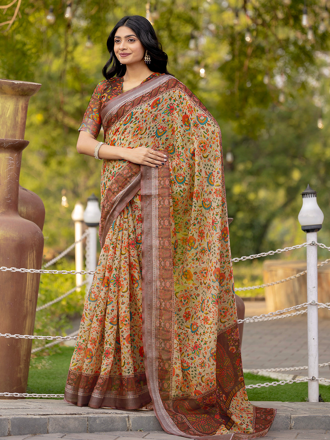 Brown Linen Traditional Printed Saree
