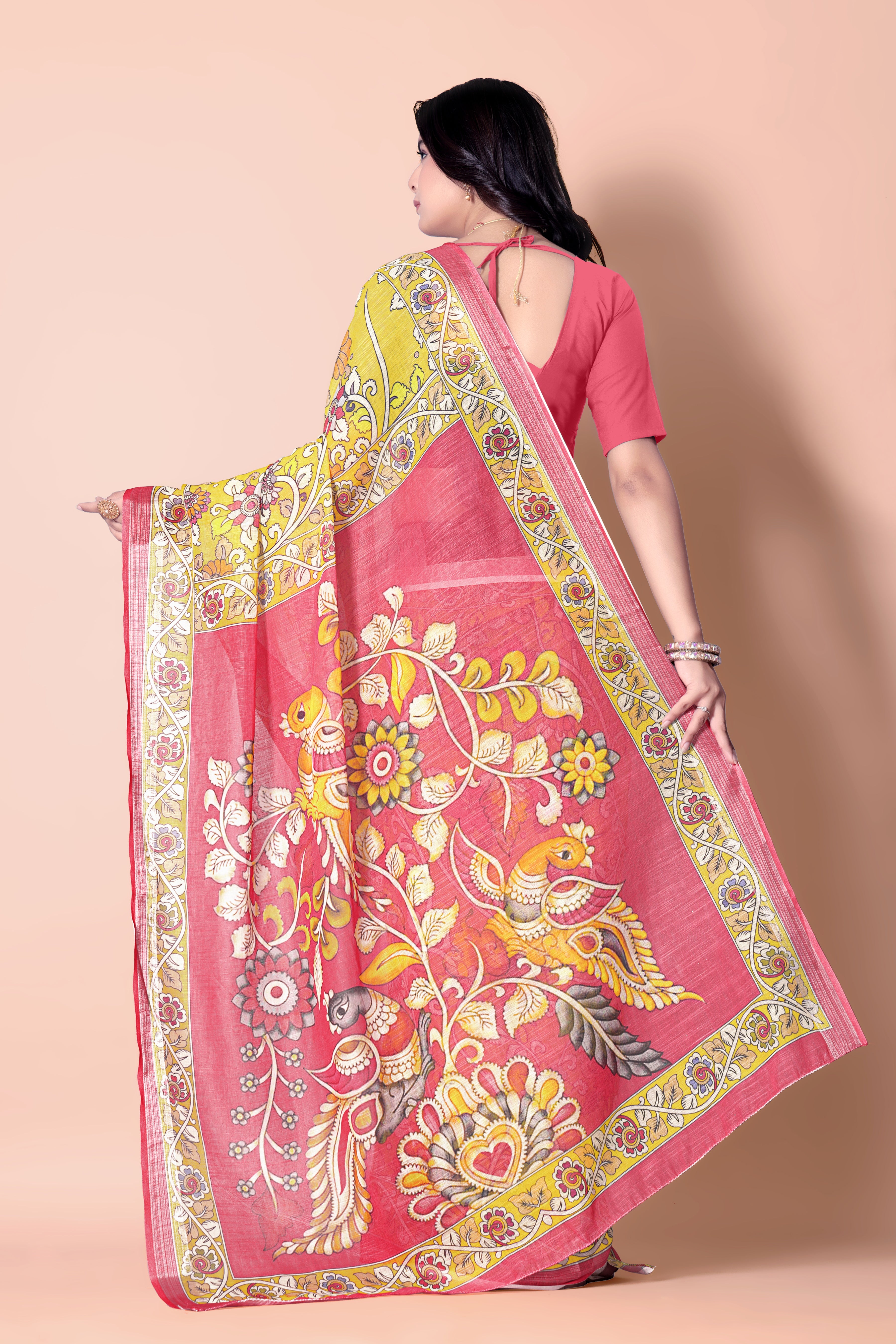 Yellow Linen Soft Printed Designer Saree