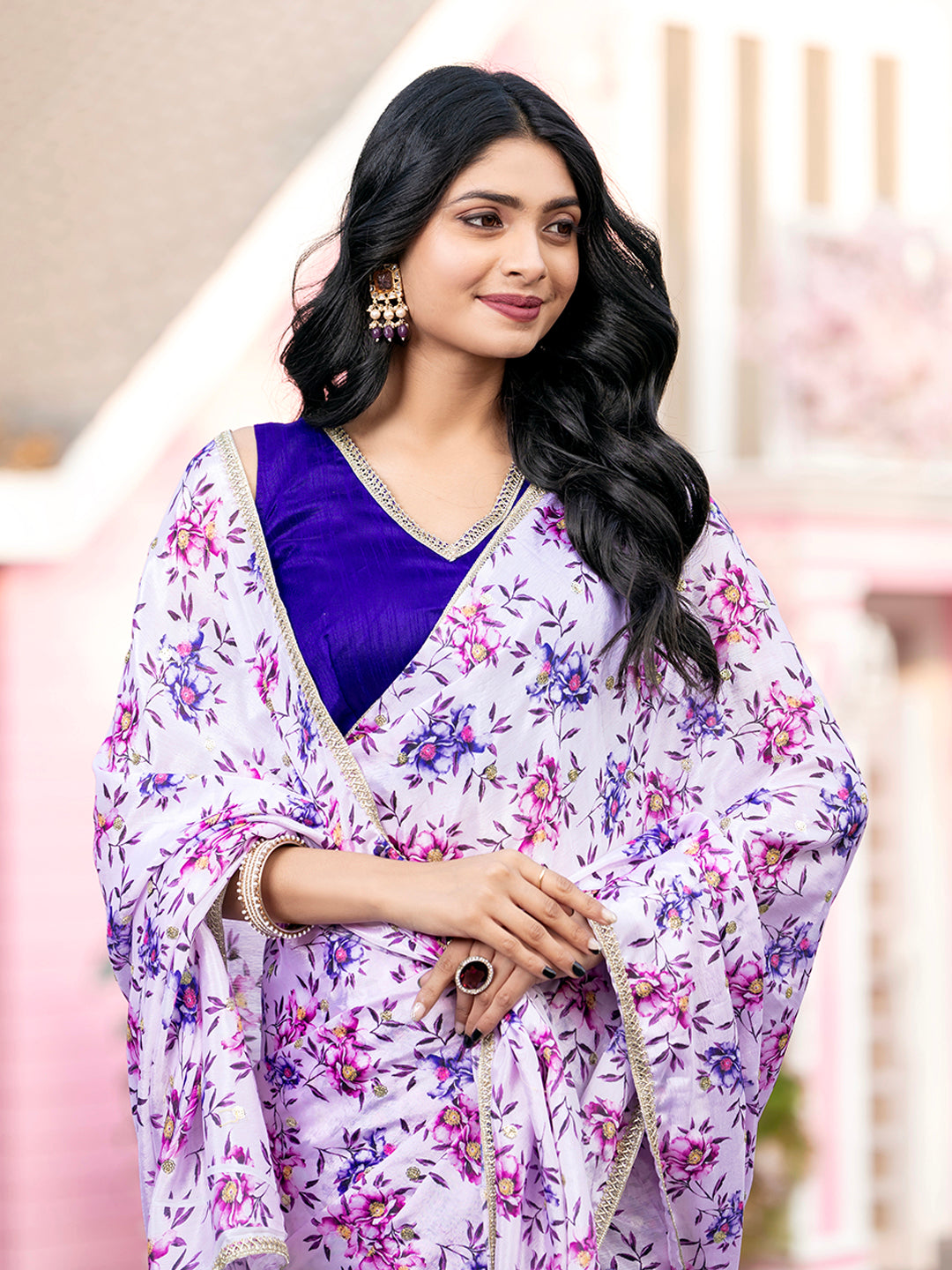 Lilac Silk Blend Printed Designer Saree For Women