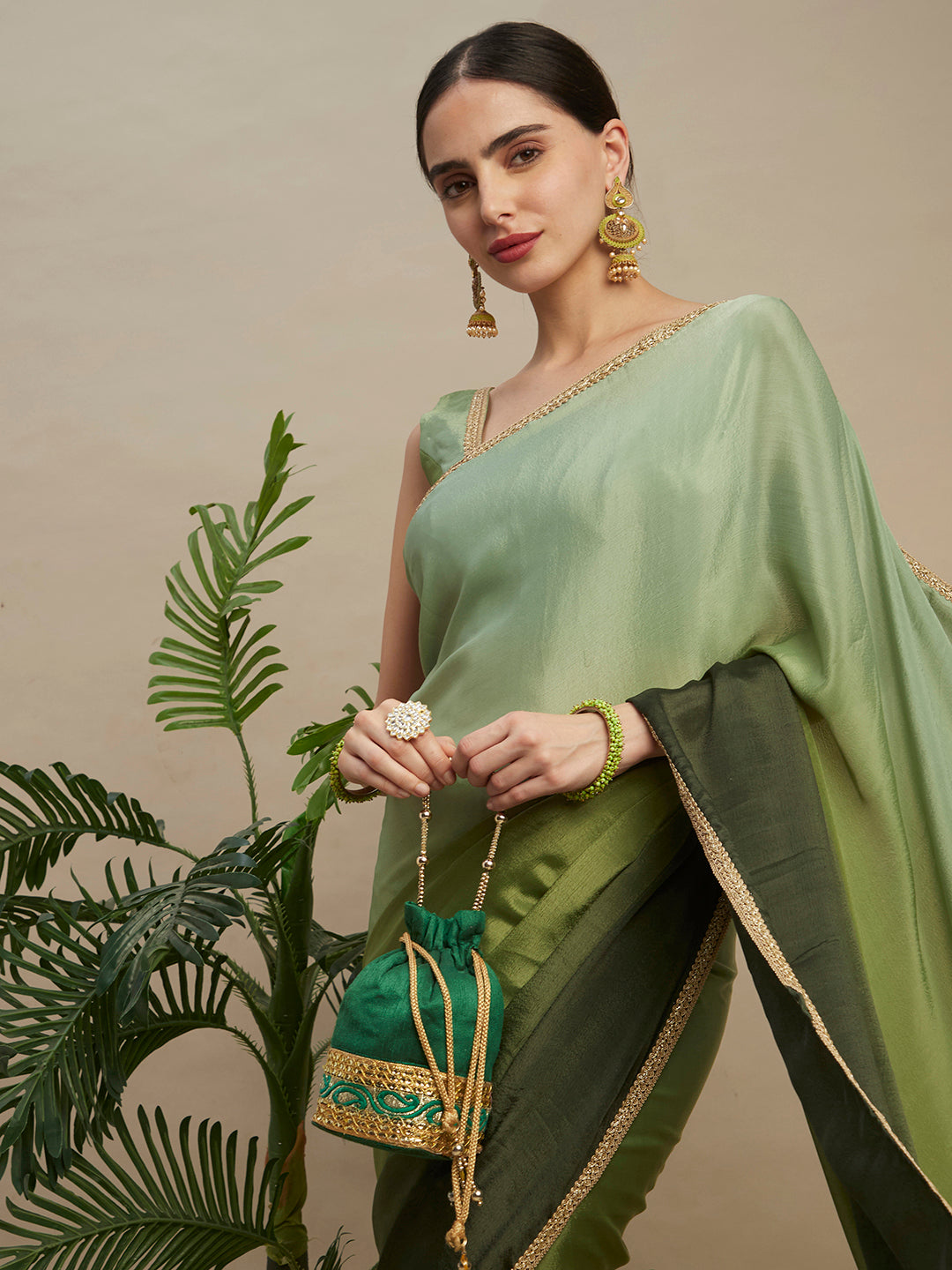 Mehendi Chinon Designer Saree With Rich Sequins Embroidery
