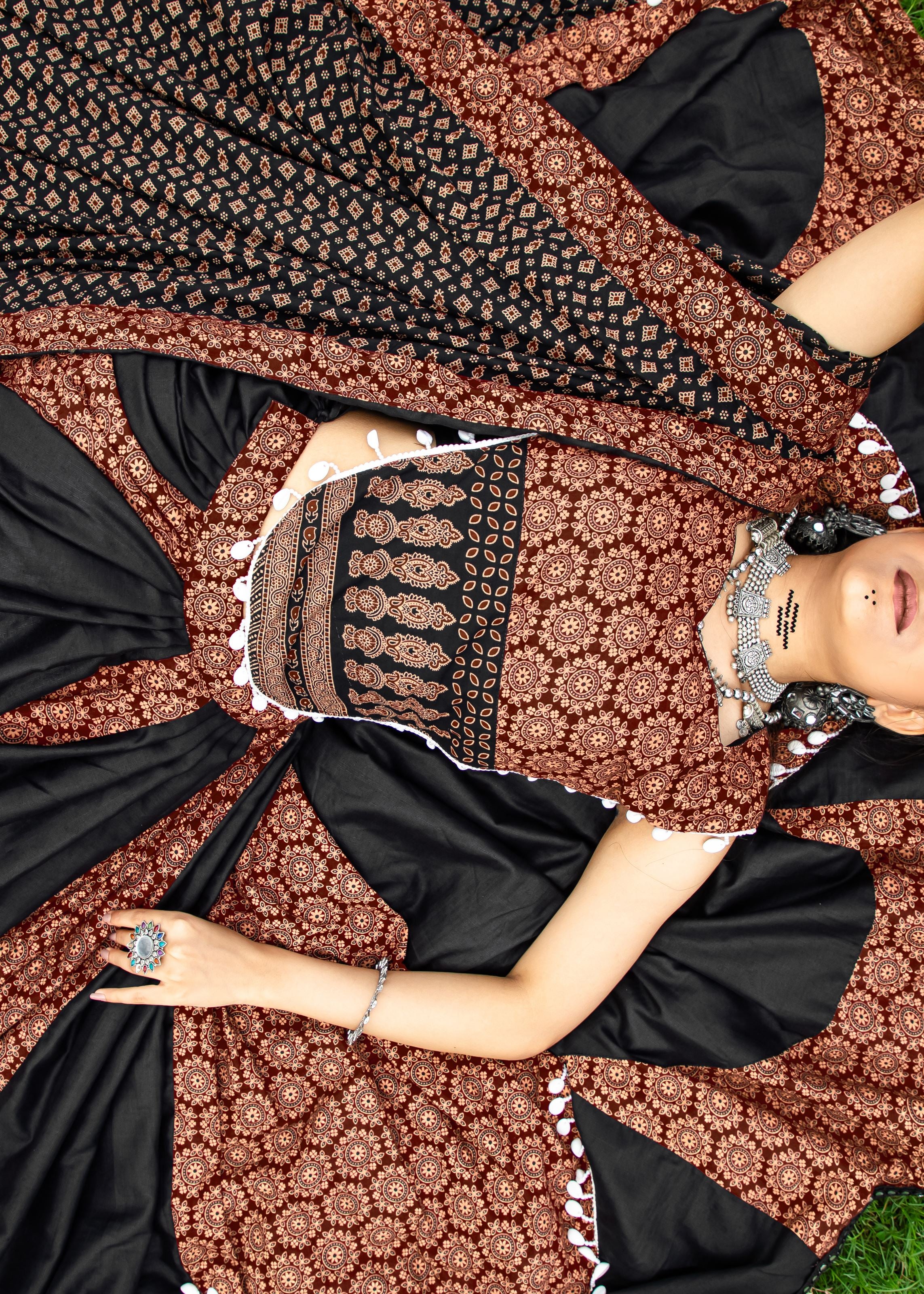 Black And Maroon Printed Navratri Chaniya Choli With Cowrie Work