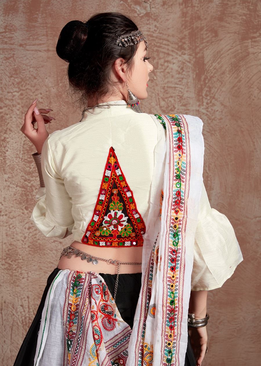 Black And White Navratri Chaniya Choli With Gamthi Work Butta And Tassels Lace