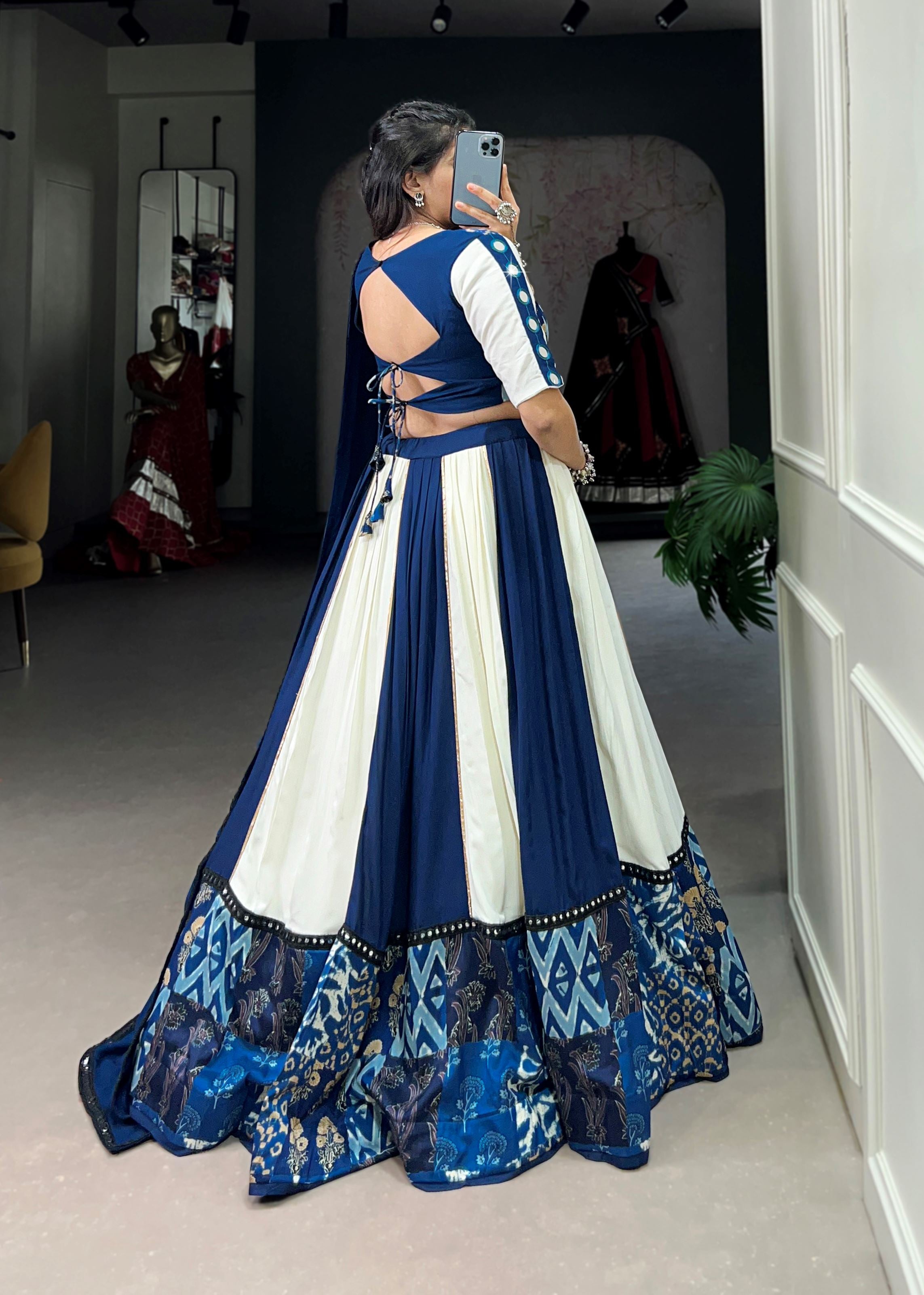Blue Printed Plain Rayon Lehenga with Mirror Lace and Gota Patti Sparkle