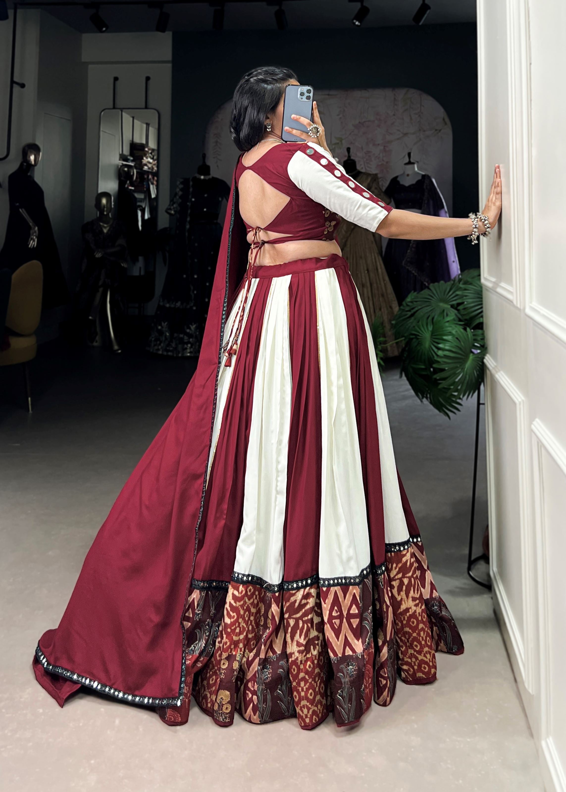 Maroon Printed Plain Rayon Lehenga with Mirror Lace and Gota Patti Sparkle
