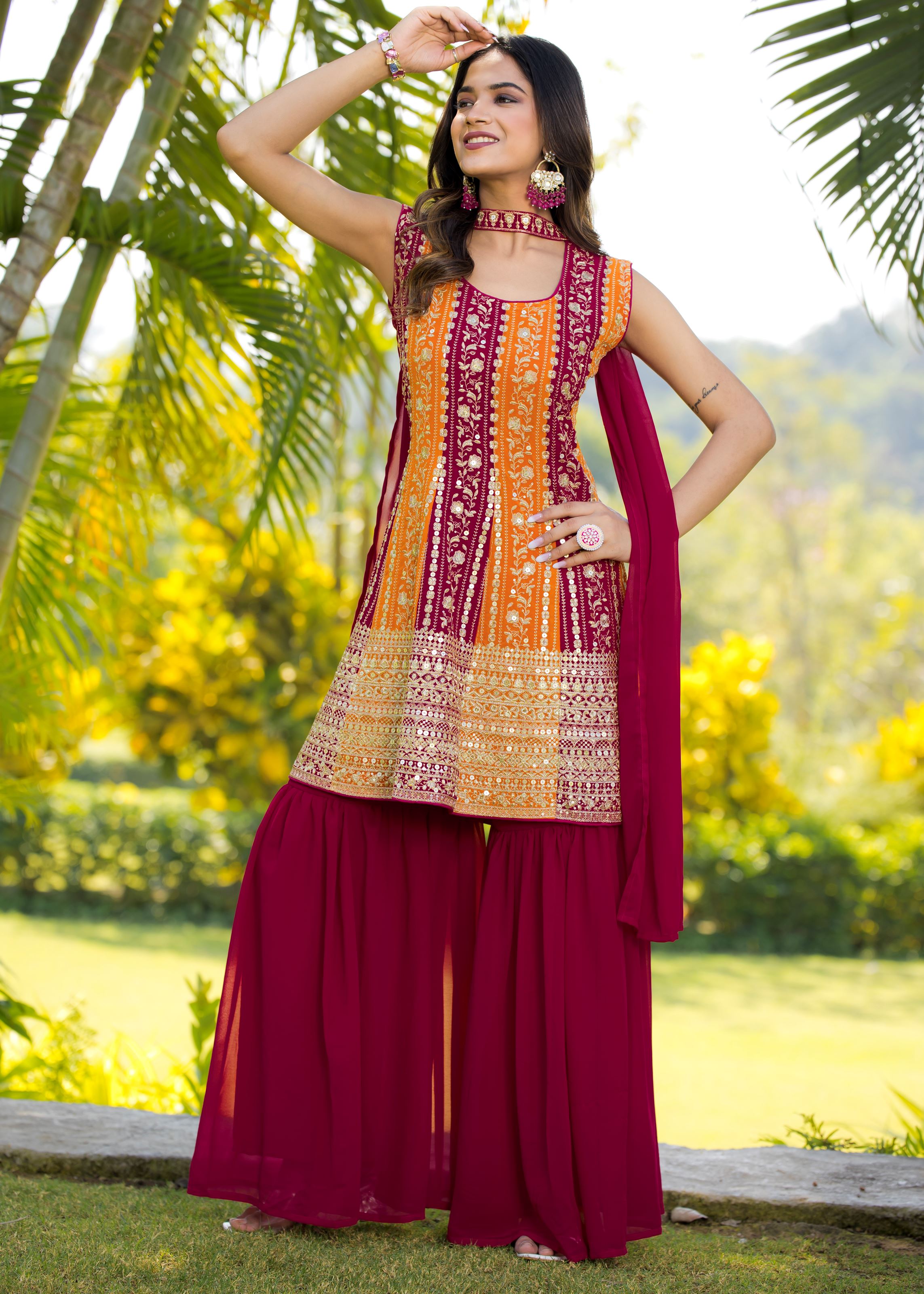Multi Sharara Dress With Sequence Embroidered