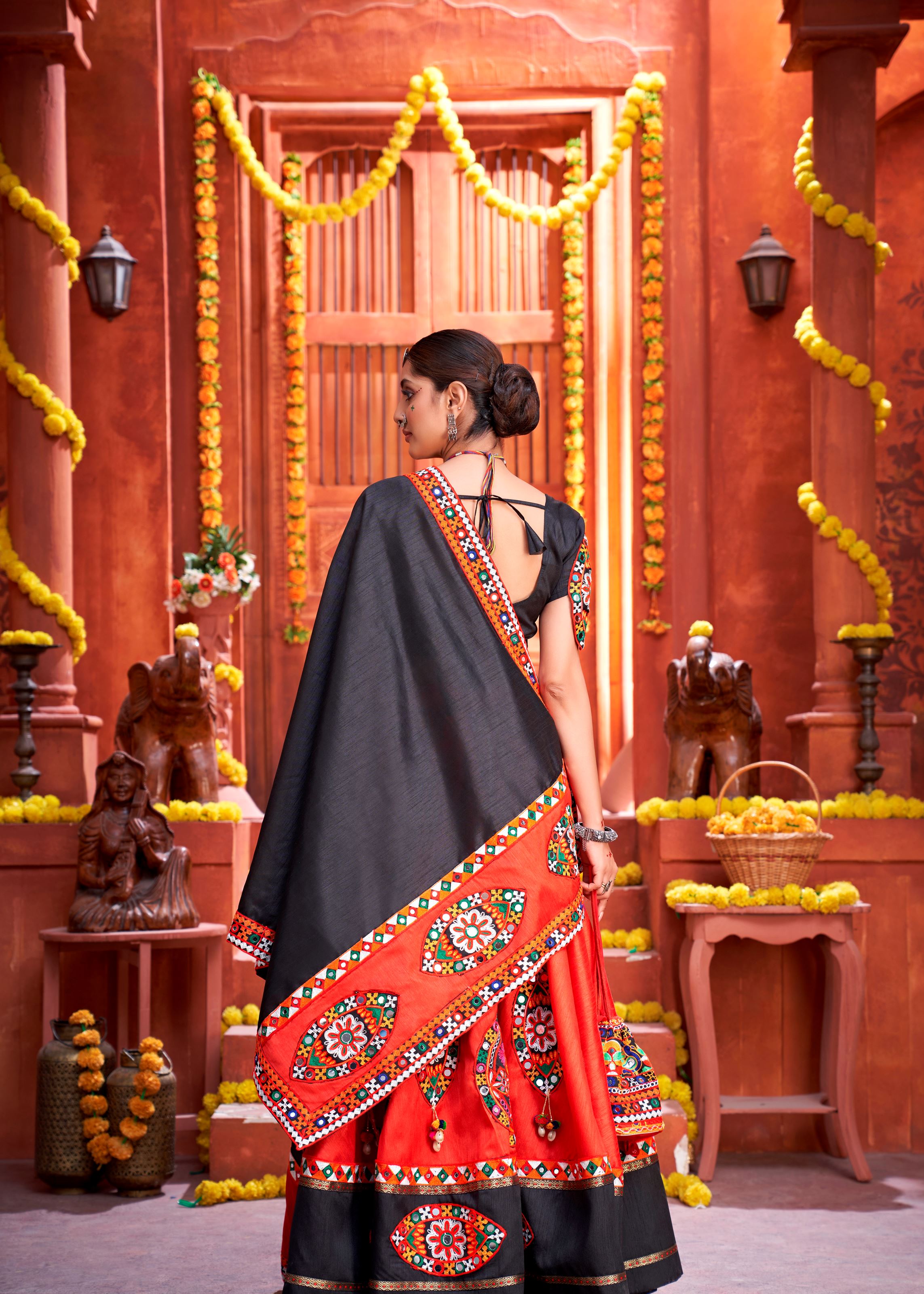 Red And Black Navratri Chaniya Choli With Gamthi Work Butta And Lace With Mirror Hand Work