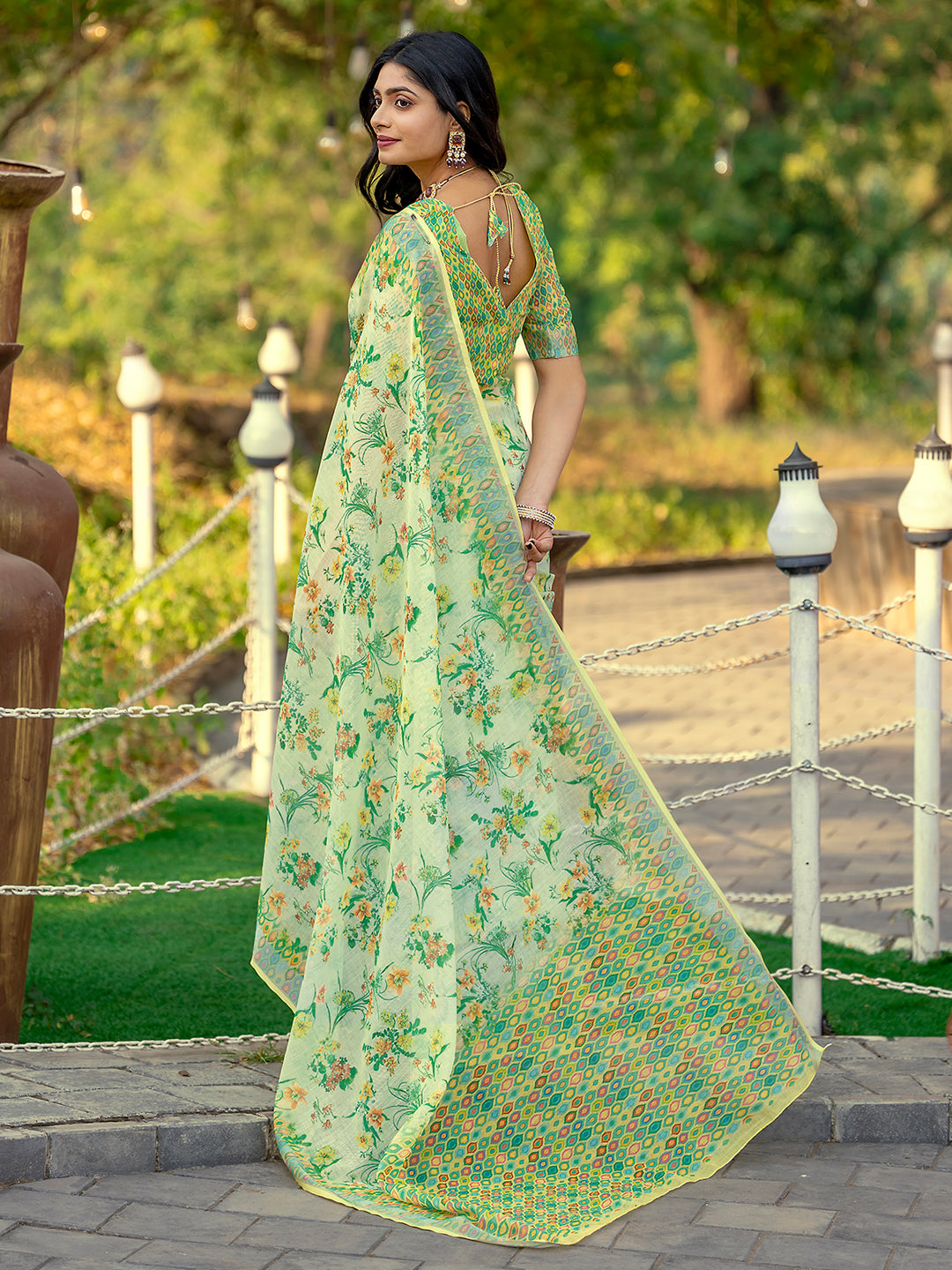 Lemon Yellow Linen Printed Summer Wear Saree