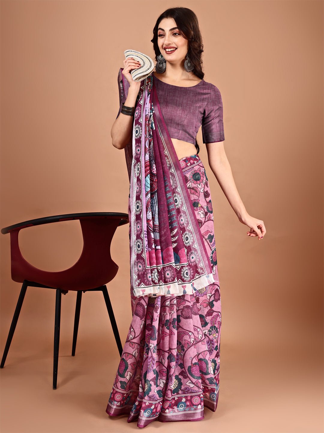 Magenta Linen Designer Printed Saree