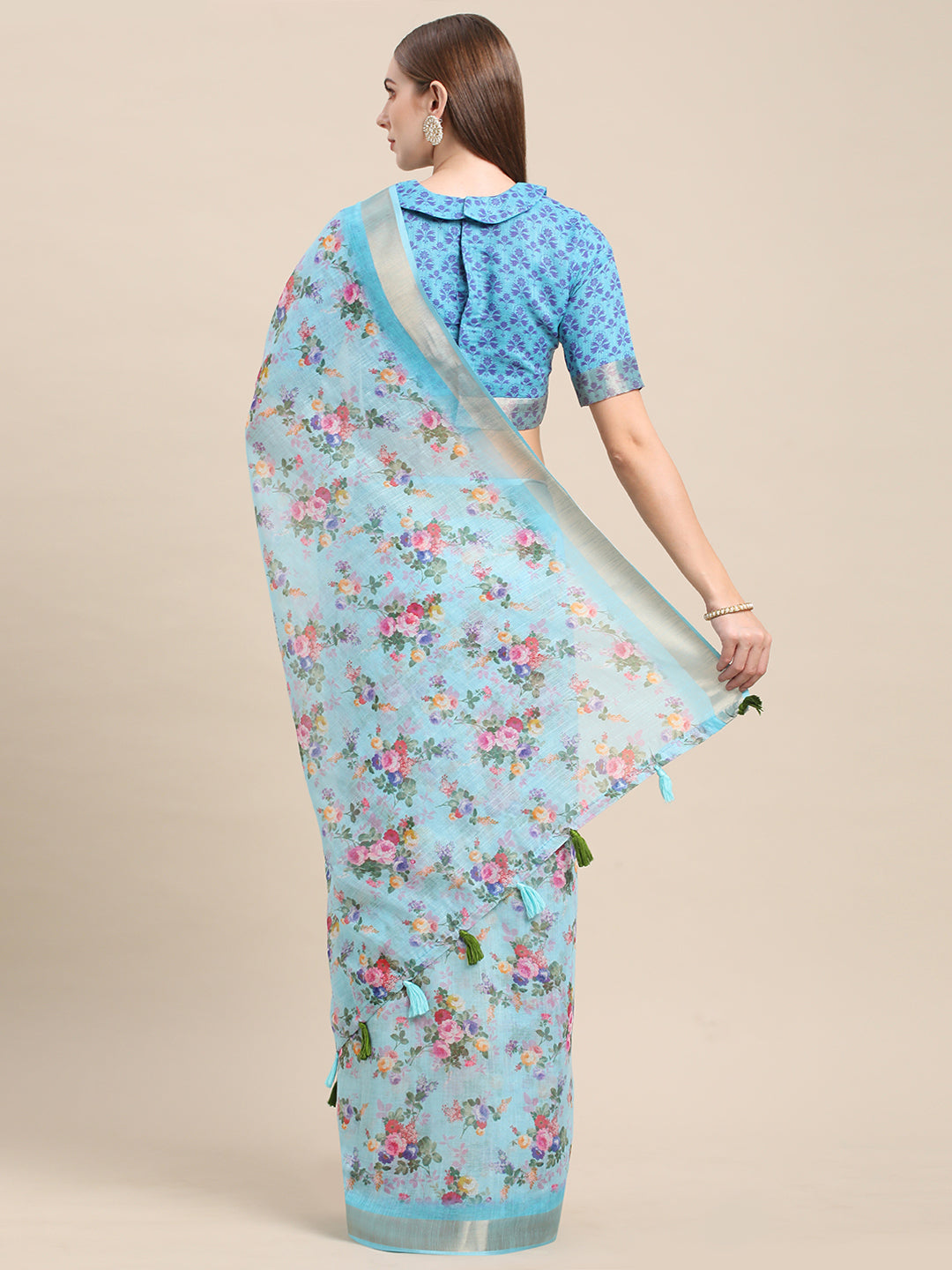 Sky Blue Linen Soft Printed Designer Saree