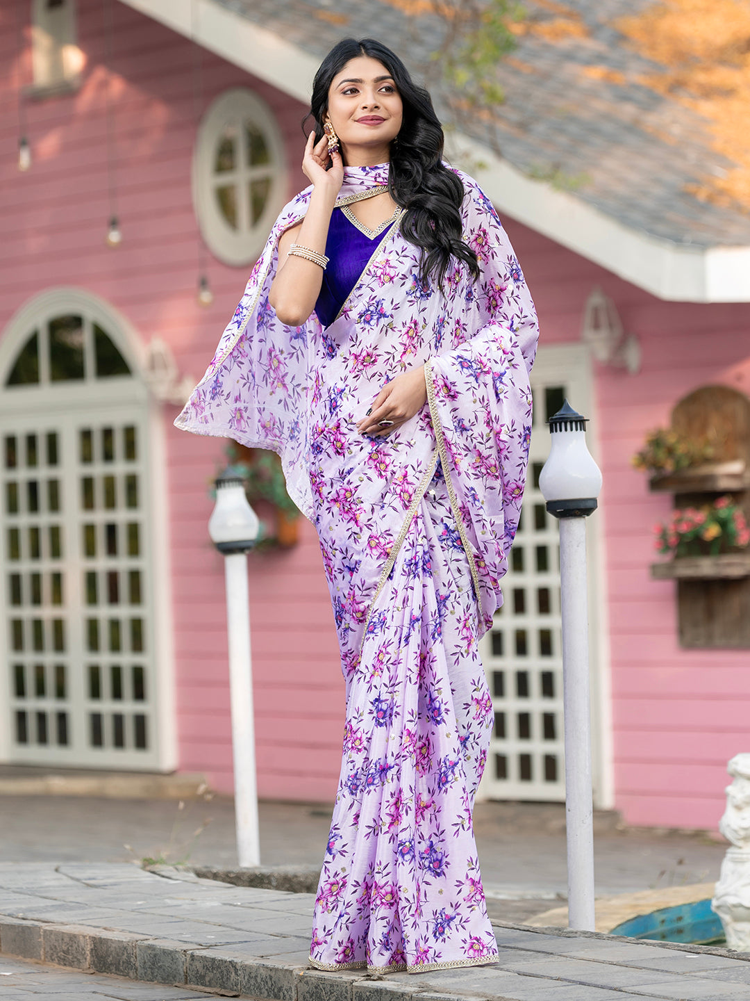 Lilac Silk Blend Printed Designer Saree For Women