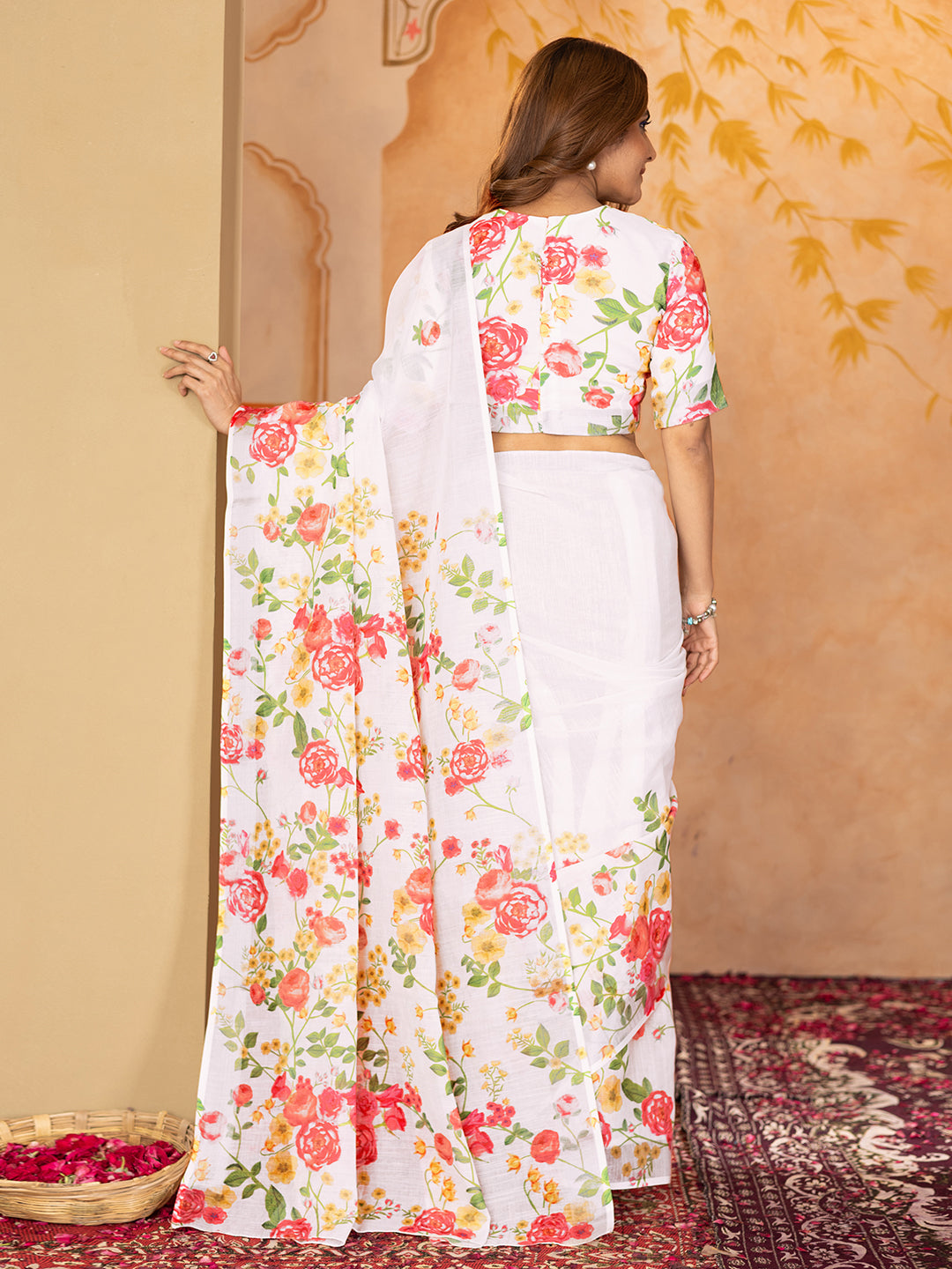White Linen Premium Printed Saree For Women